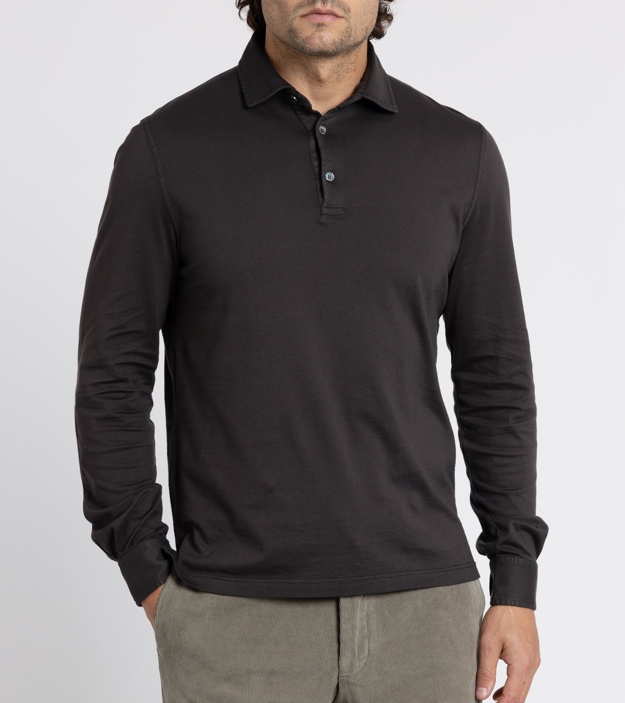 Fedeli Zero Organic Cotton Jersey Long Sleeve Polo Shirt: Dark Chocolate