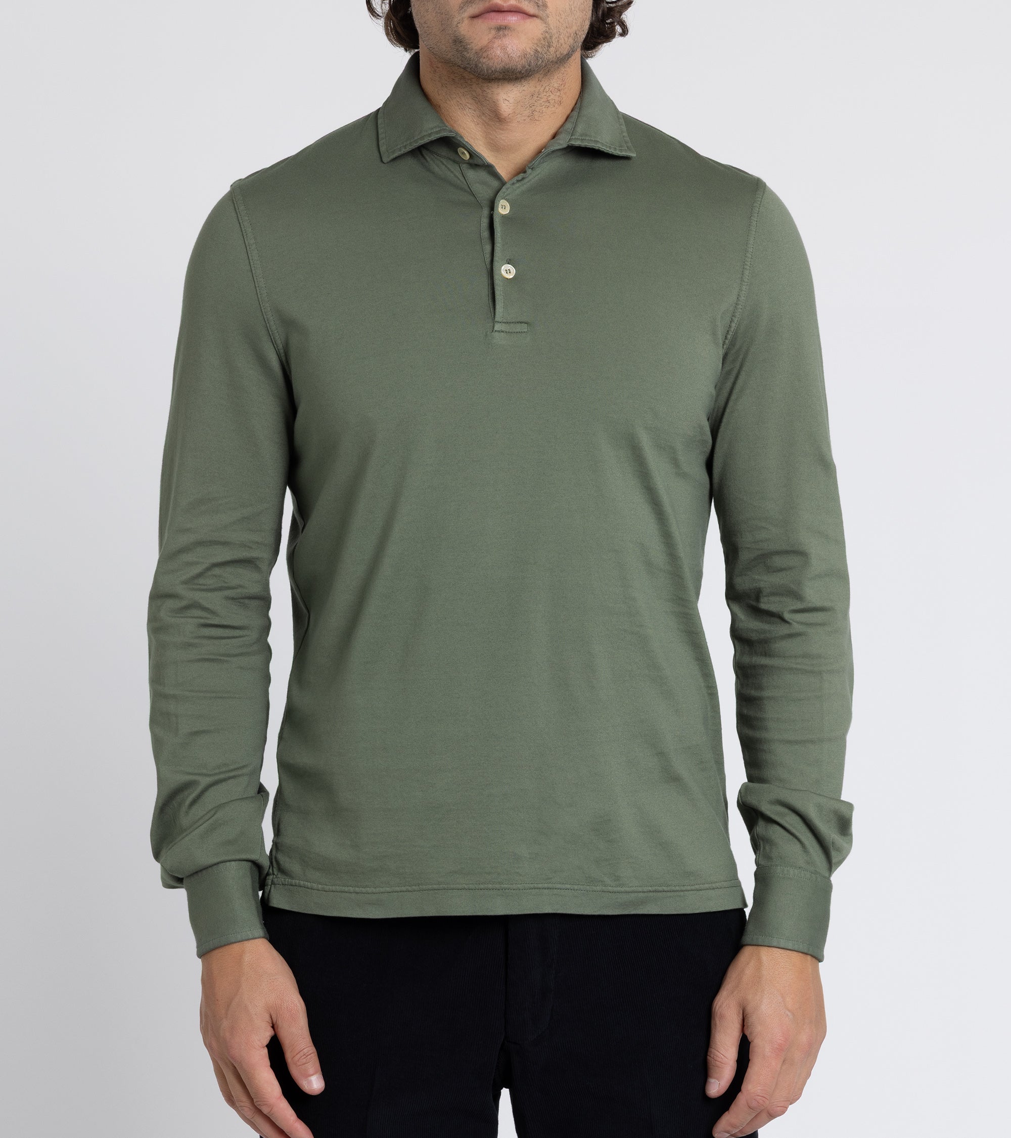 Fedeli Zero Organic Cotton Jersey Long Sleeve Polo Shirt: Olive Green