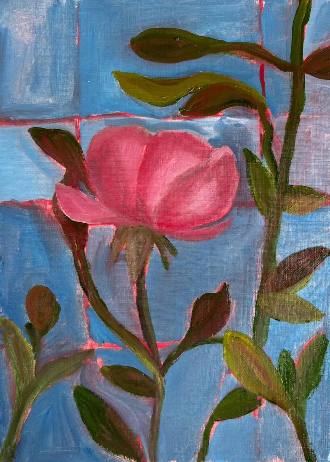 An expressive oil painting of a single pink flower by the artist Amit Berman