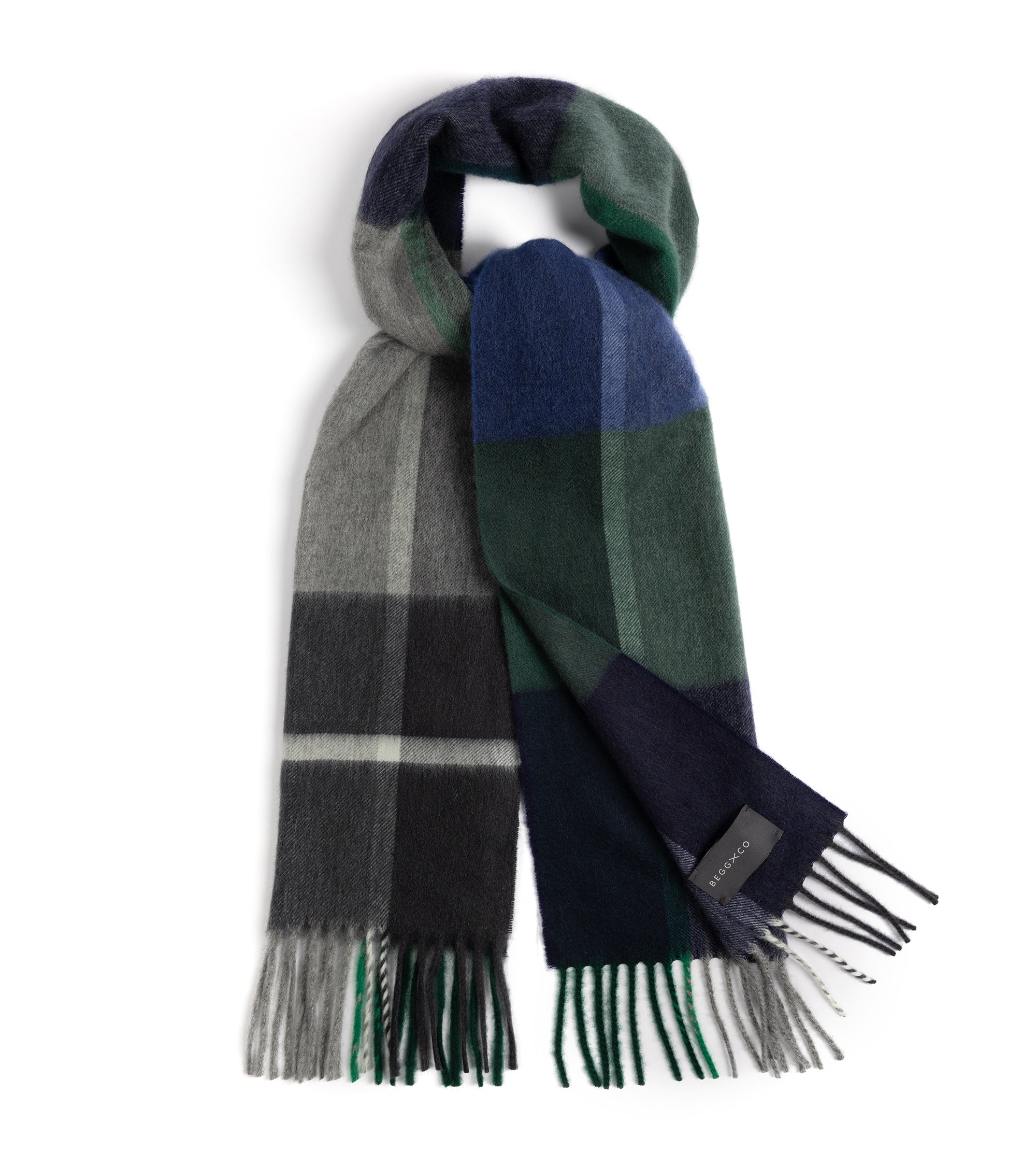Begg x Co Arran Edgar Checked Cashmere Scarf: Navy/Mint