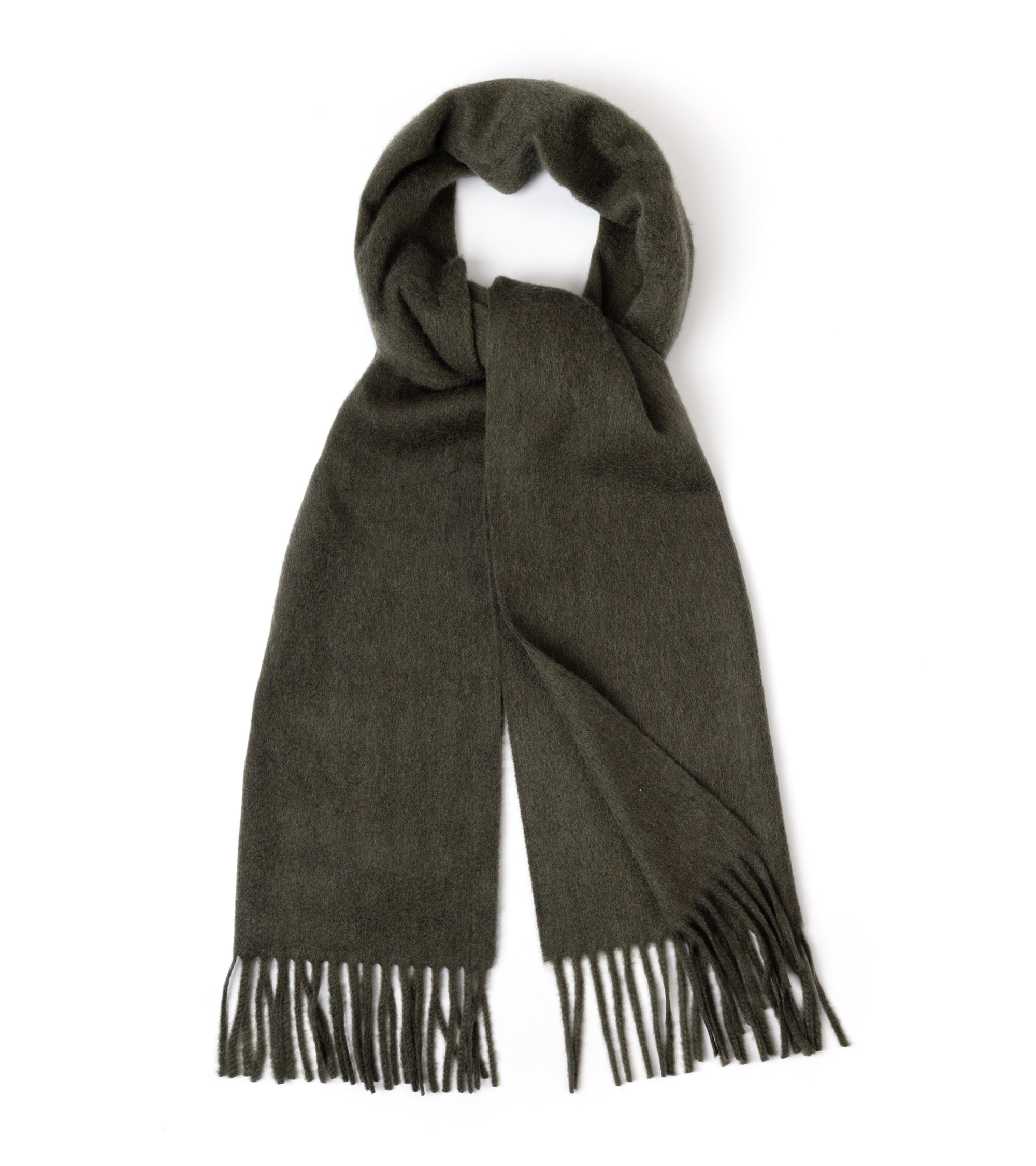 An olive green knit scarf with fringed ends, displayed looped on a clean white background.