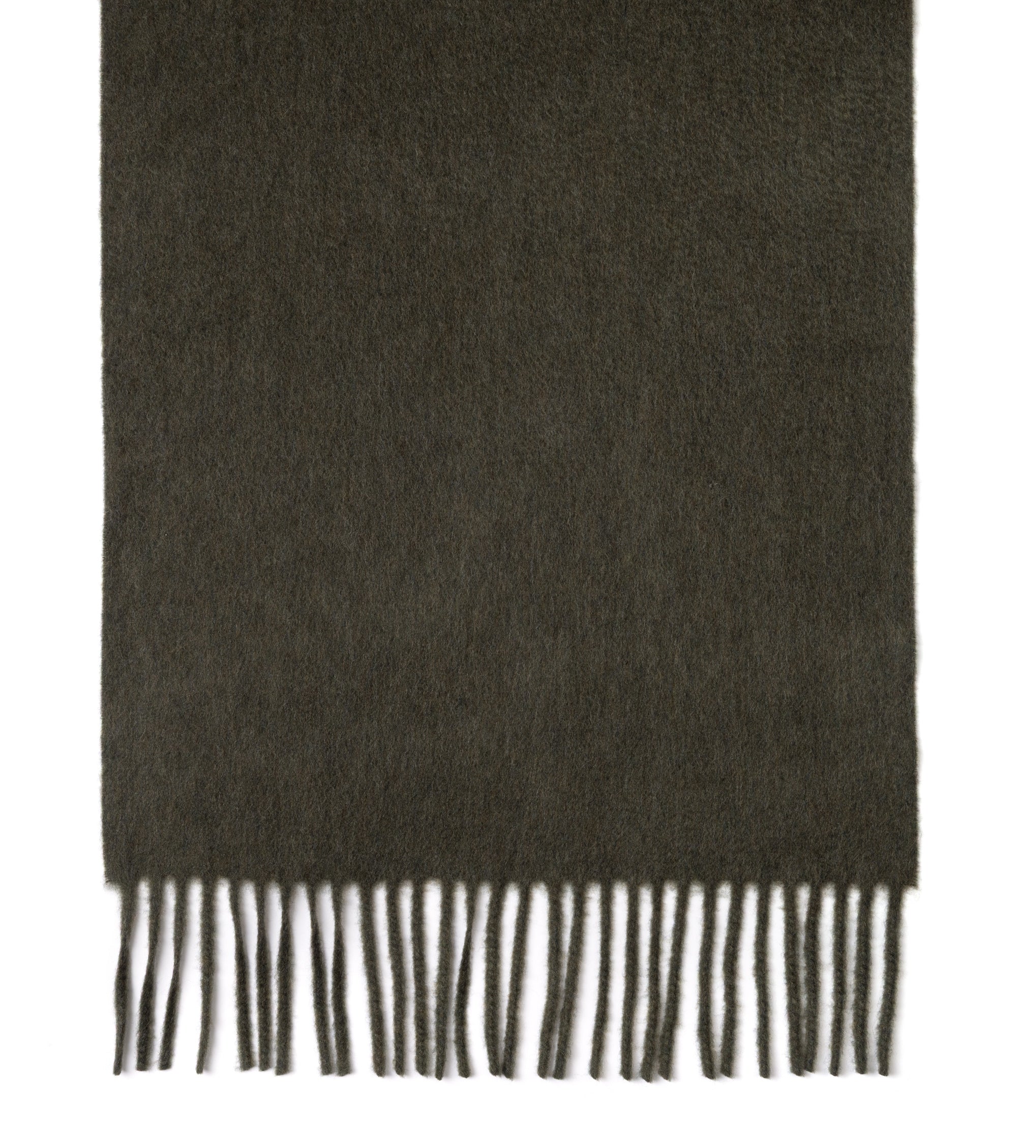 A dark olive woven scarf with fringed edges, shown flat against a plain white background.
