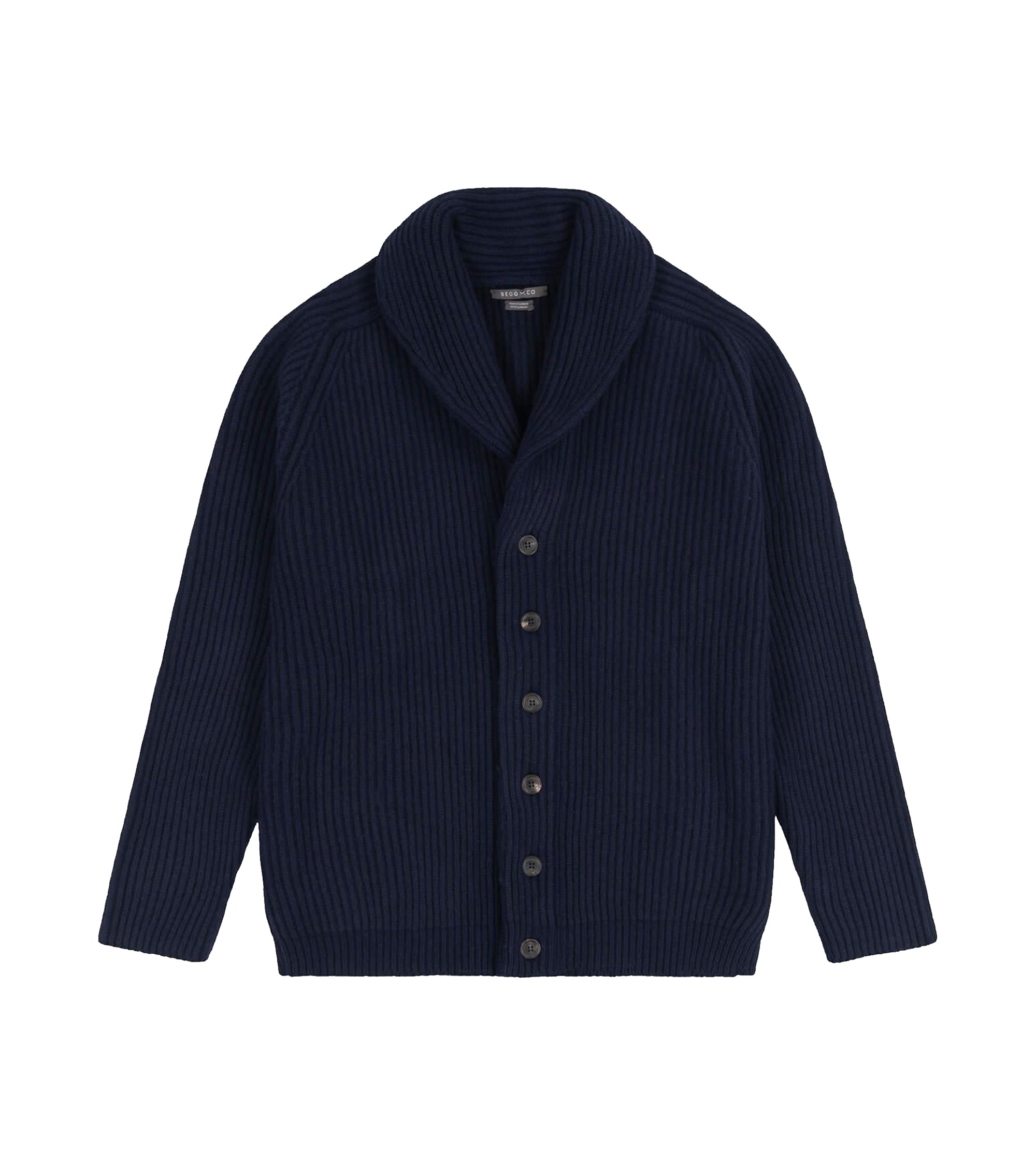 Navy blue shawl collar cardigan on a white background