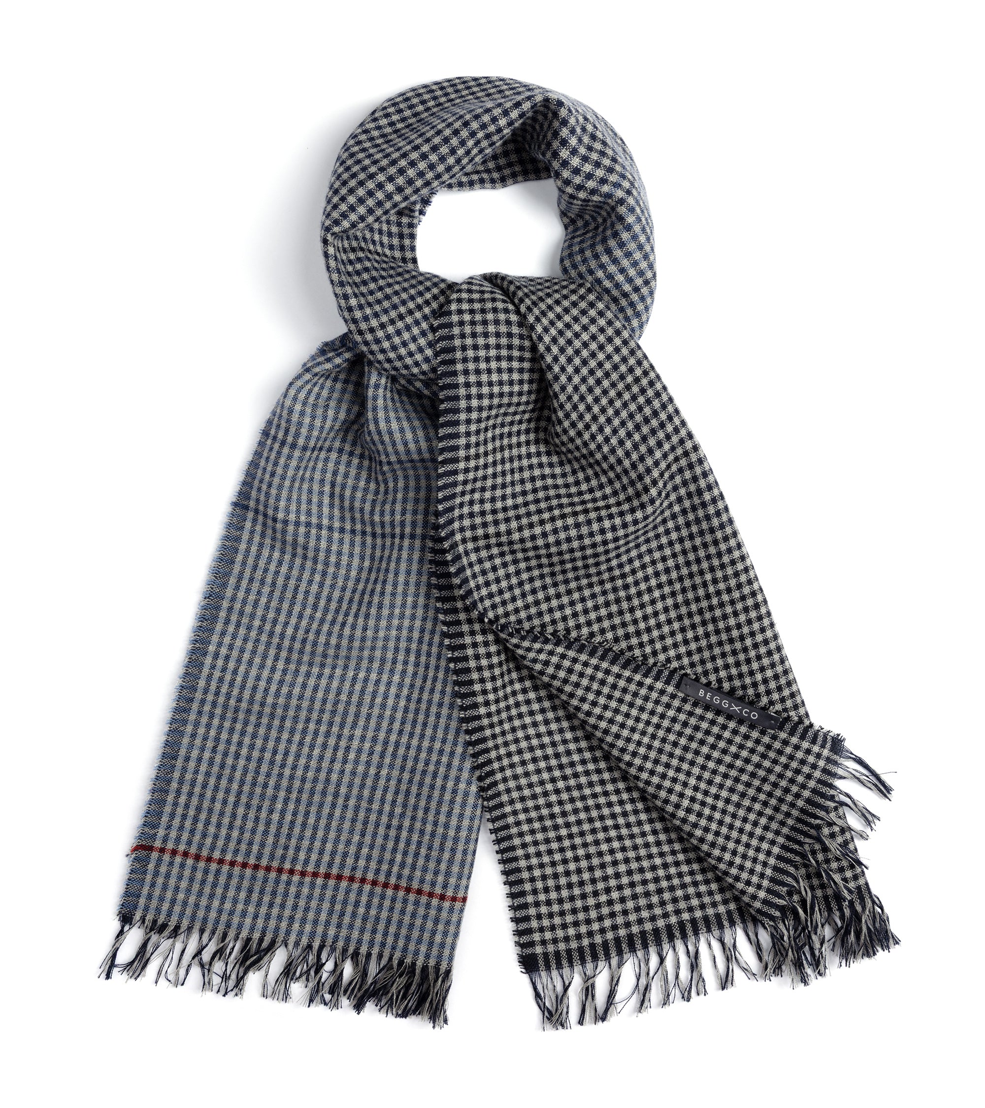 Begg x Co Kishorn Aiden Check Cashmere Scarf: Navy/Black/Red