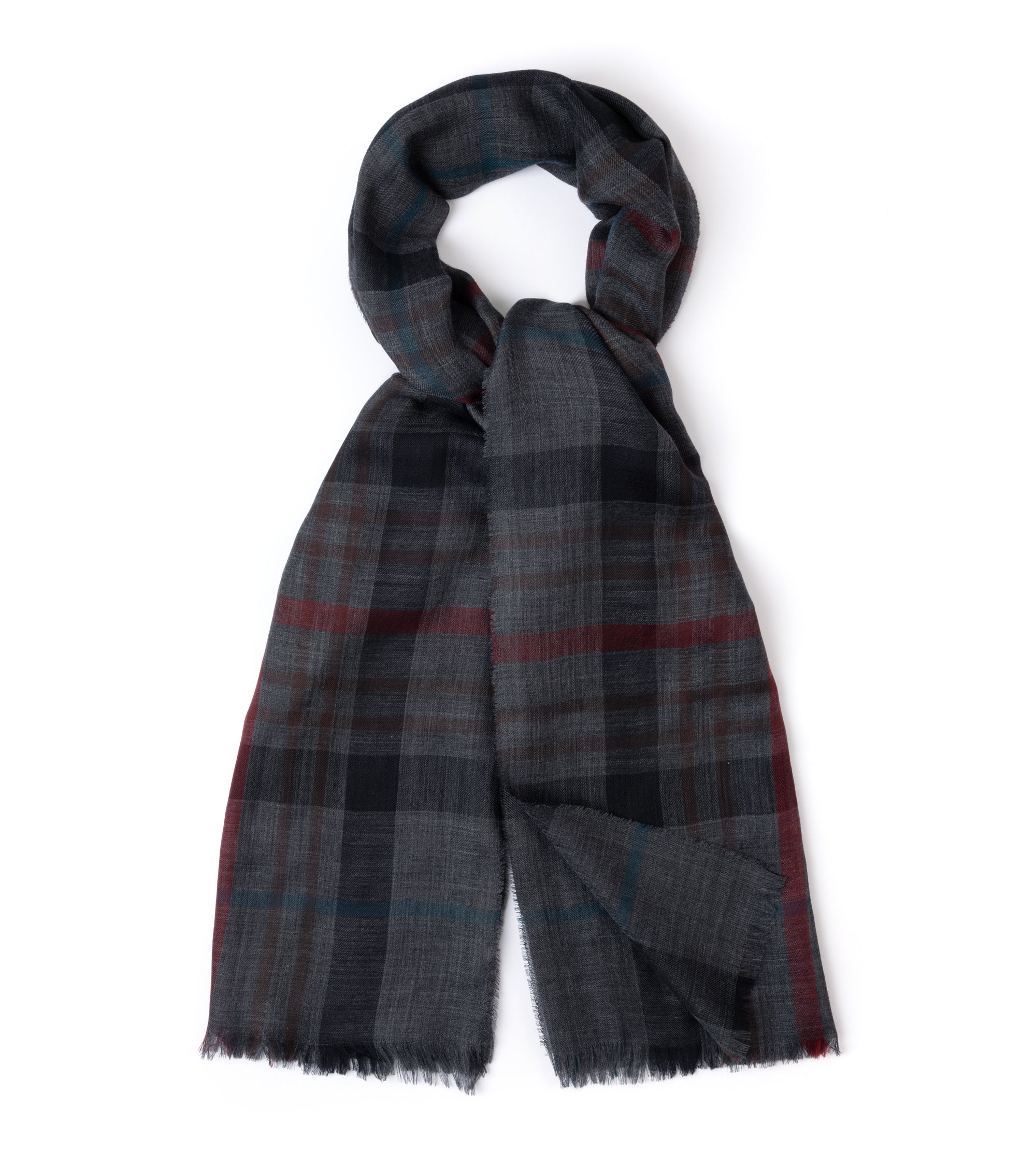 A charcoal scarf with red and teal accent lines, shown looped on a plain white background.