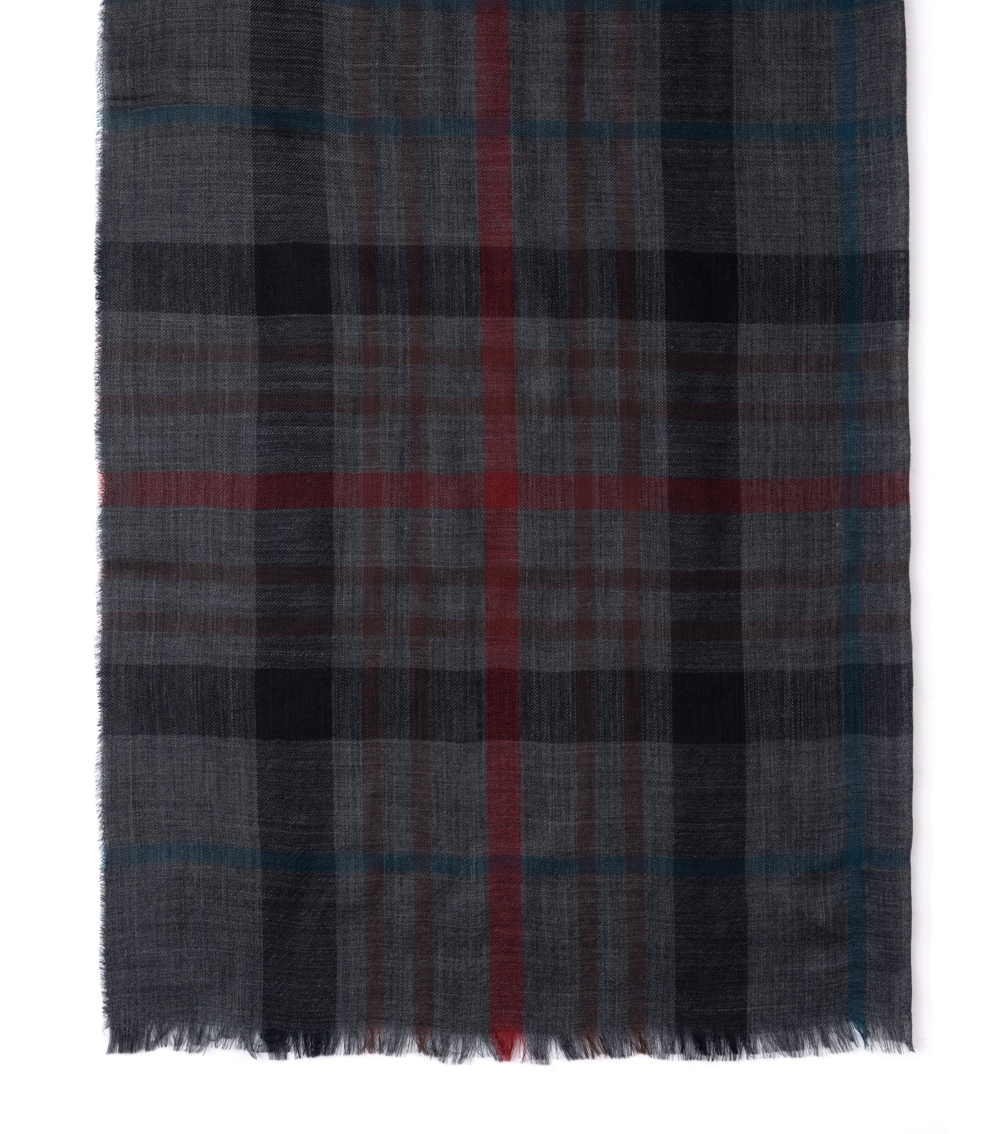 A charcoal scarf with red and teal accent lines, finished with fringed edges.