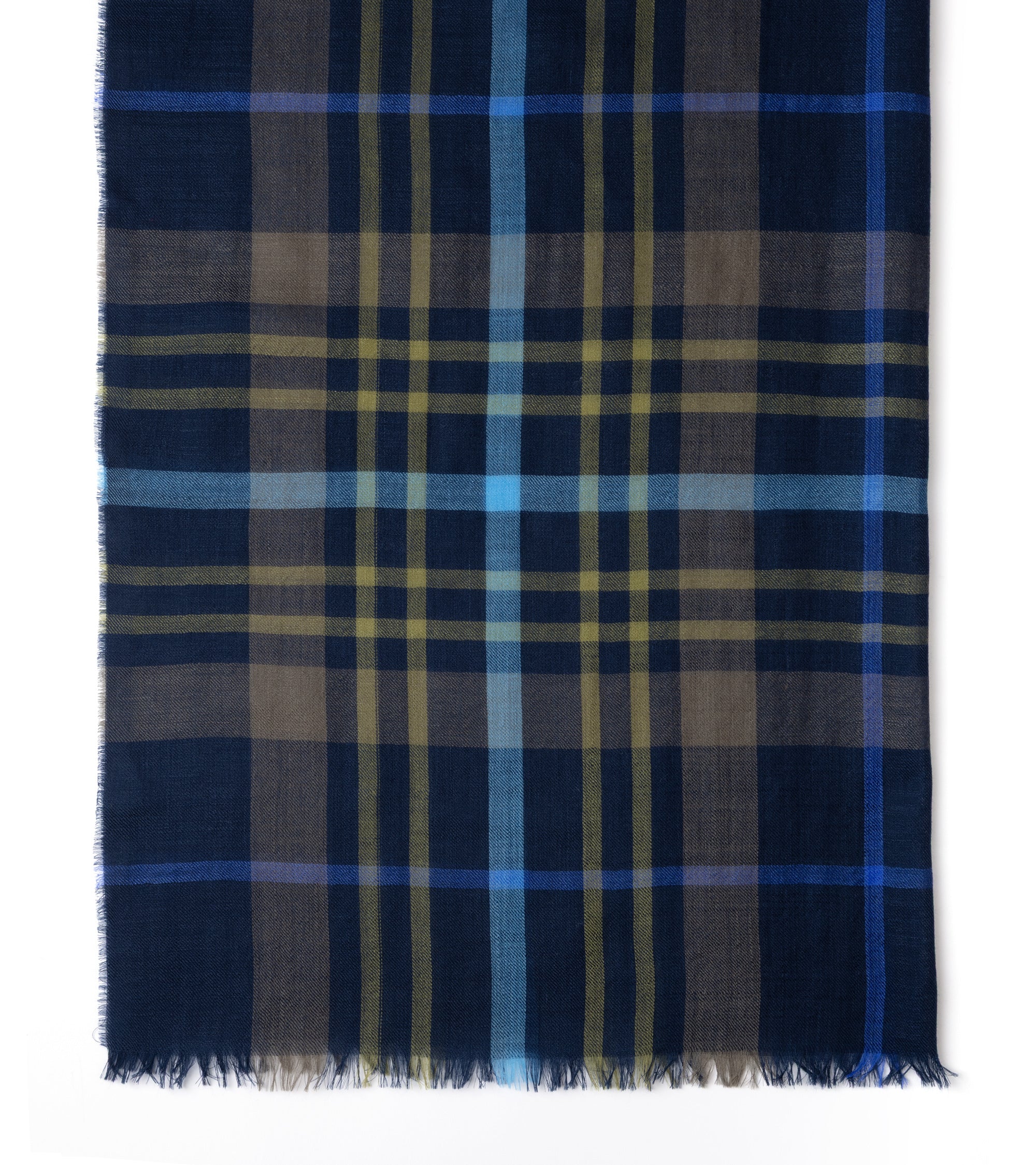 A rectangular plaid scarf with fringed edges, featuring a pattern of navy blue, gray, light blue, and olive green stripes on a white background.