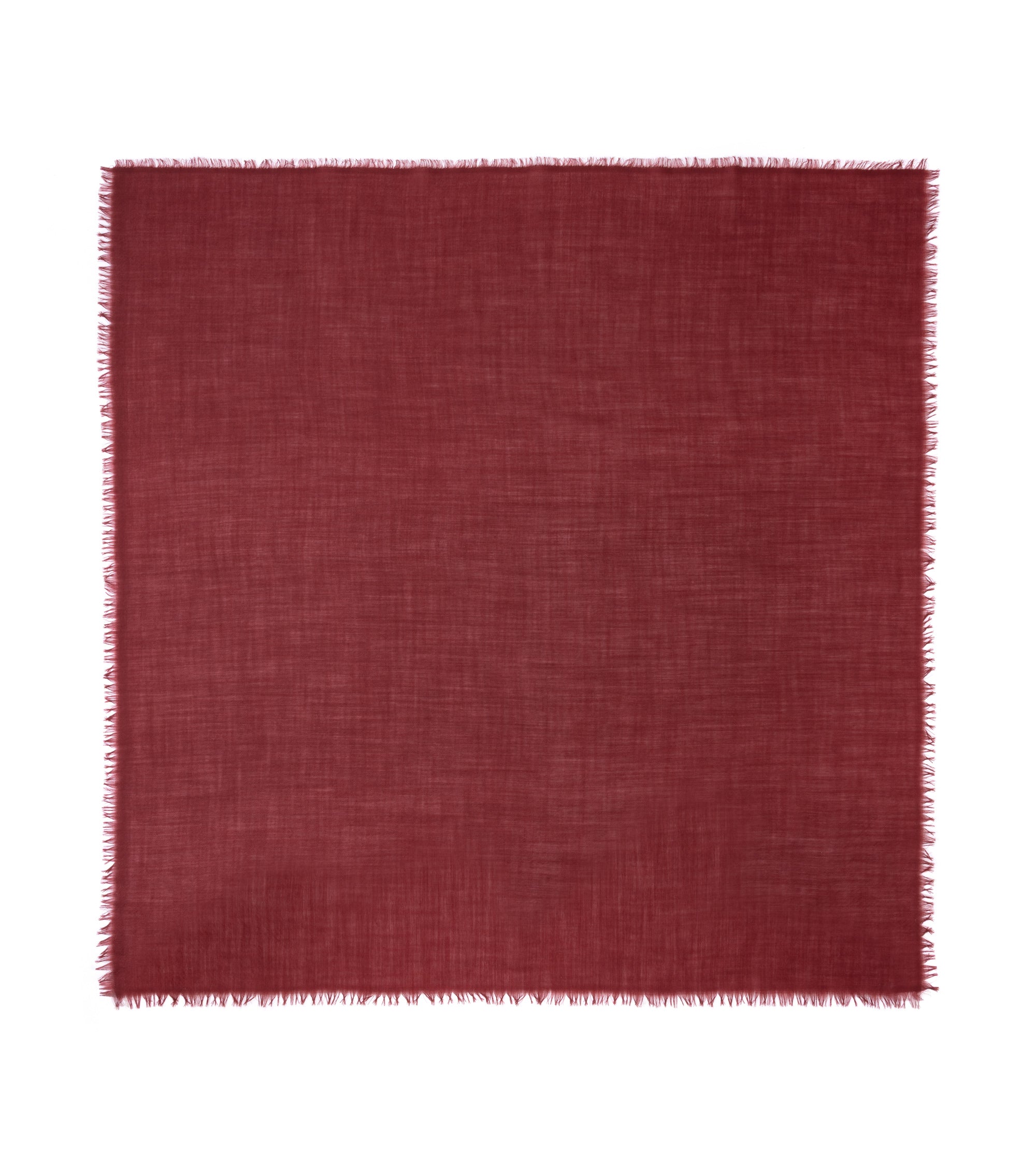 A square scarf of textured burgundy fabric with frayed edges, displayed flat against a solid white background.