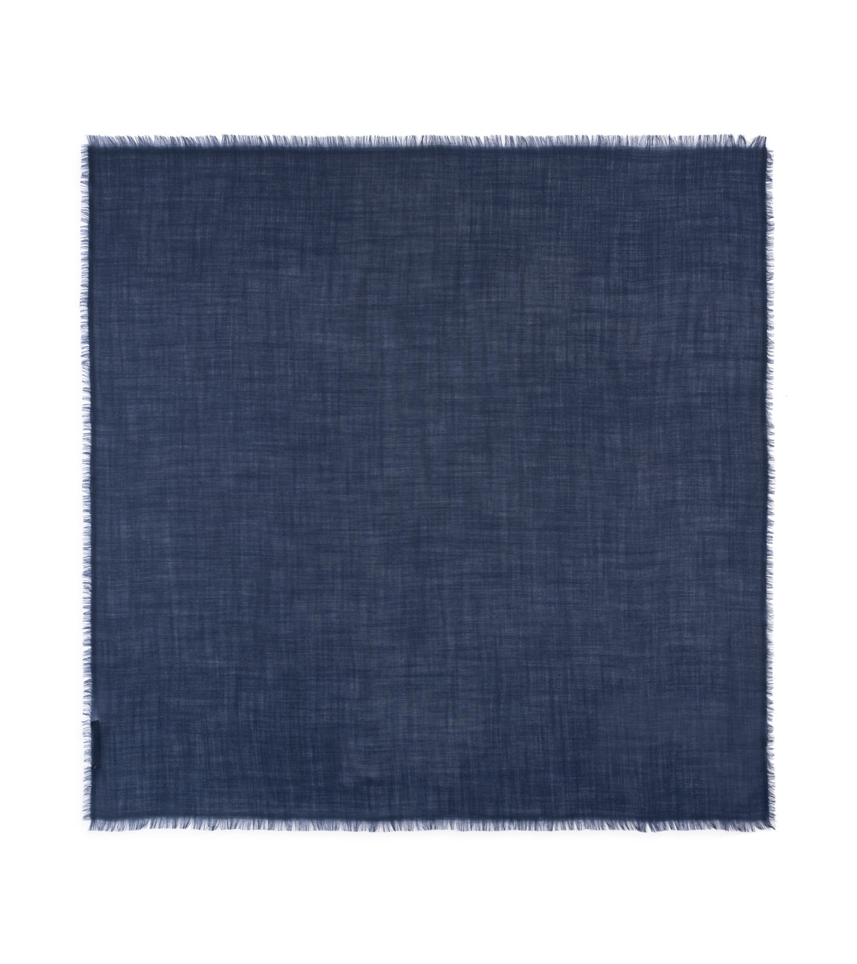 A square navy blue woven fabric scarf with fringed edges, displayed flat against a solid white background.