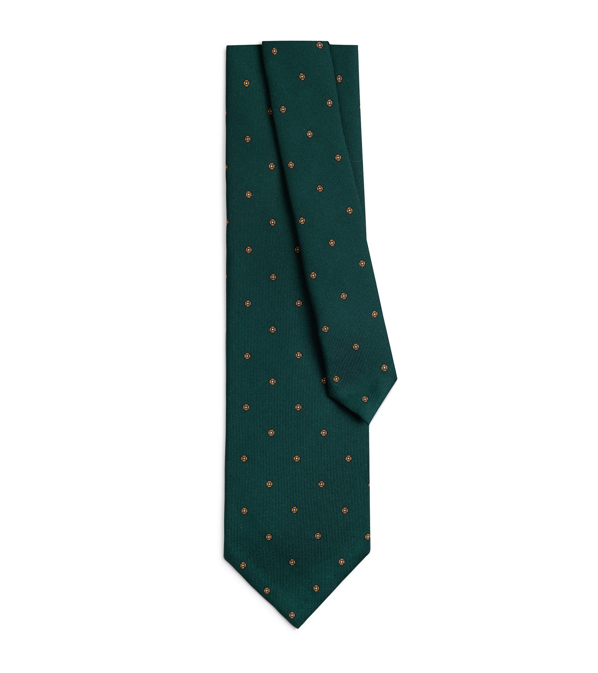 A dark green necktie with a small repeating pattern of tiny orange flowers, displayed flat against a solid white background.