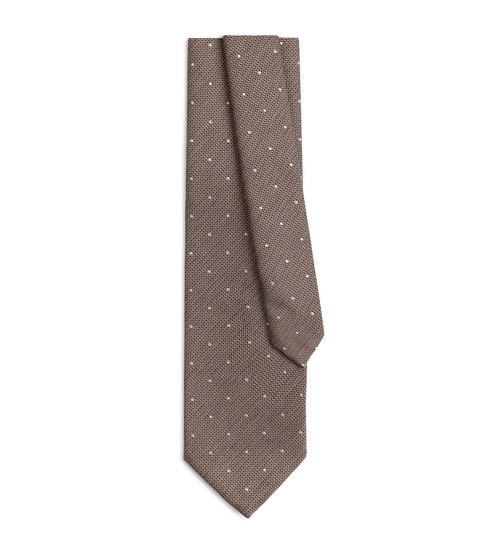 A brown textured necktie with a small white dotted pattern, folded neatly on a solid white background.