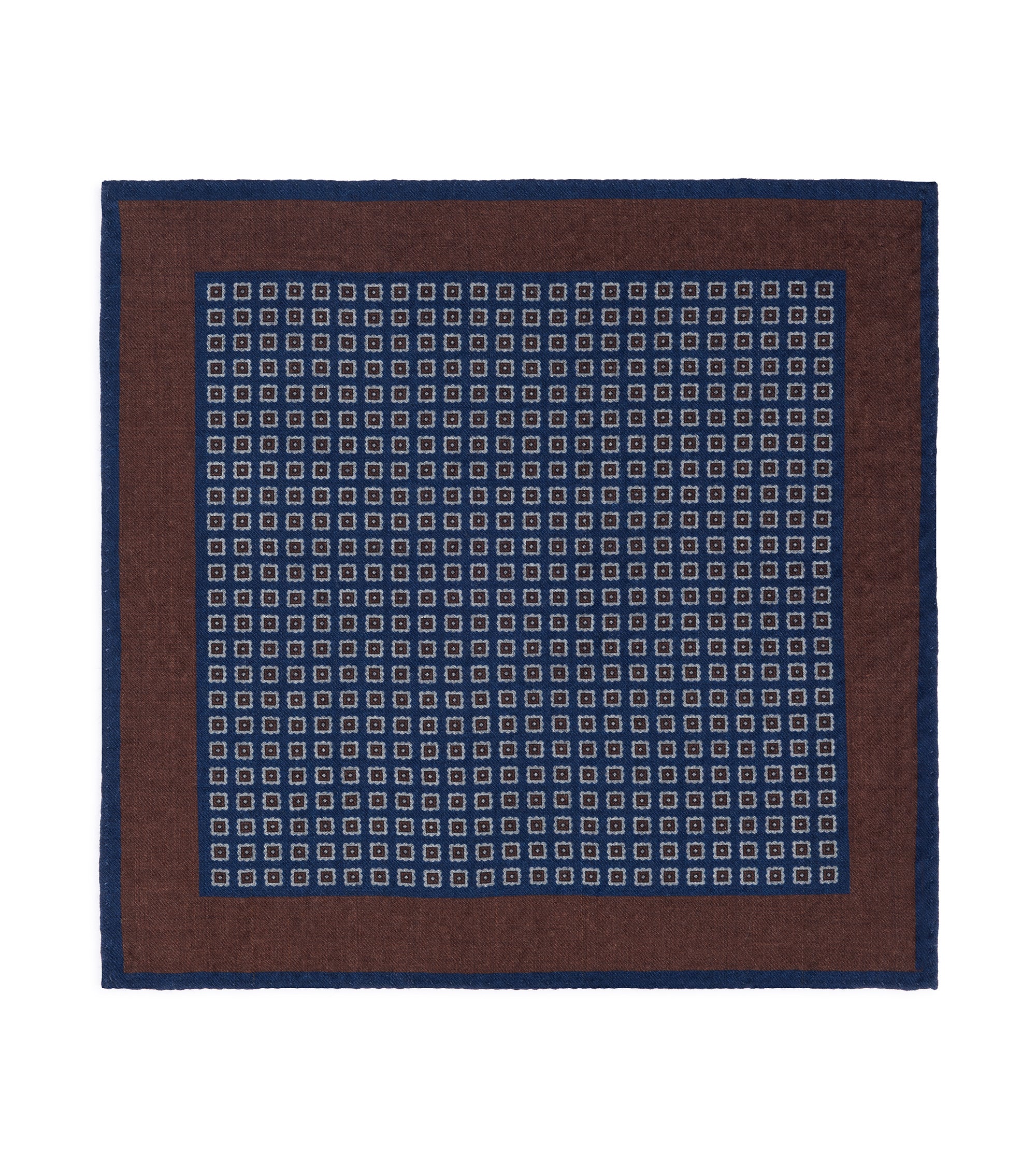 Bigi Square Motif Wool Pocket Square: Navy/Brown
