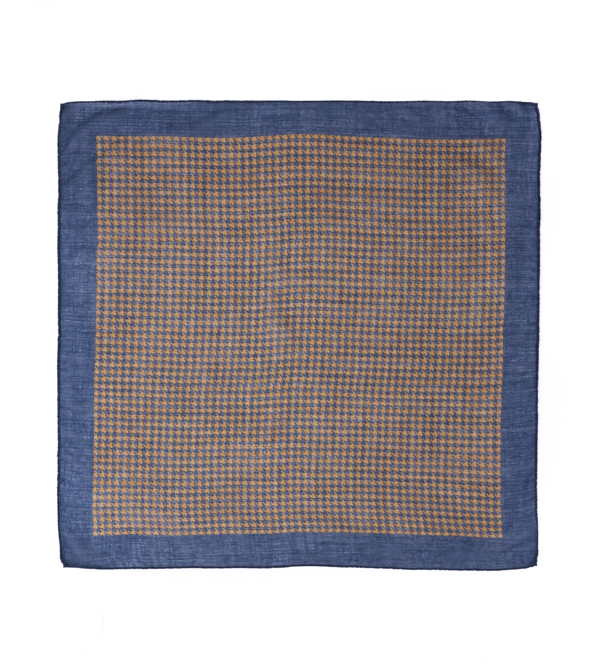 A square woven scarf or pocket square with a textured yellow center and a contrasting blue border, shown flat against a plain white background.