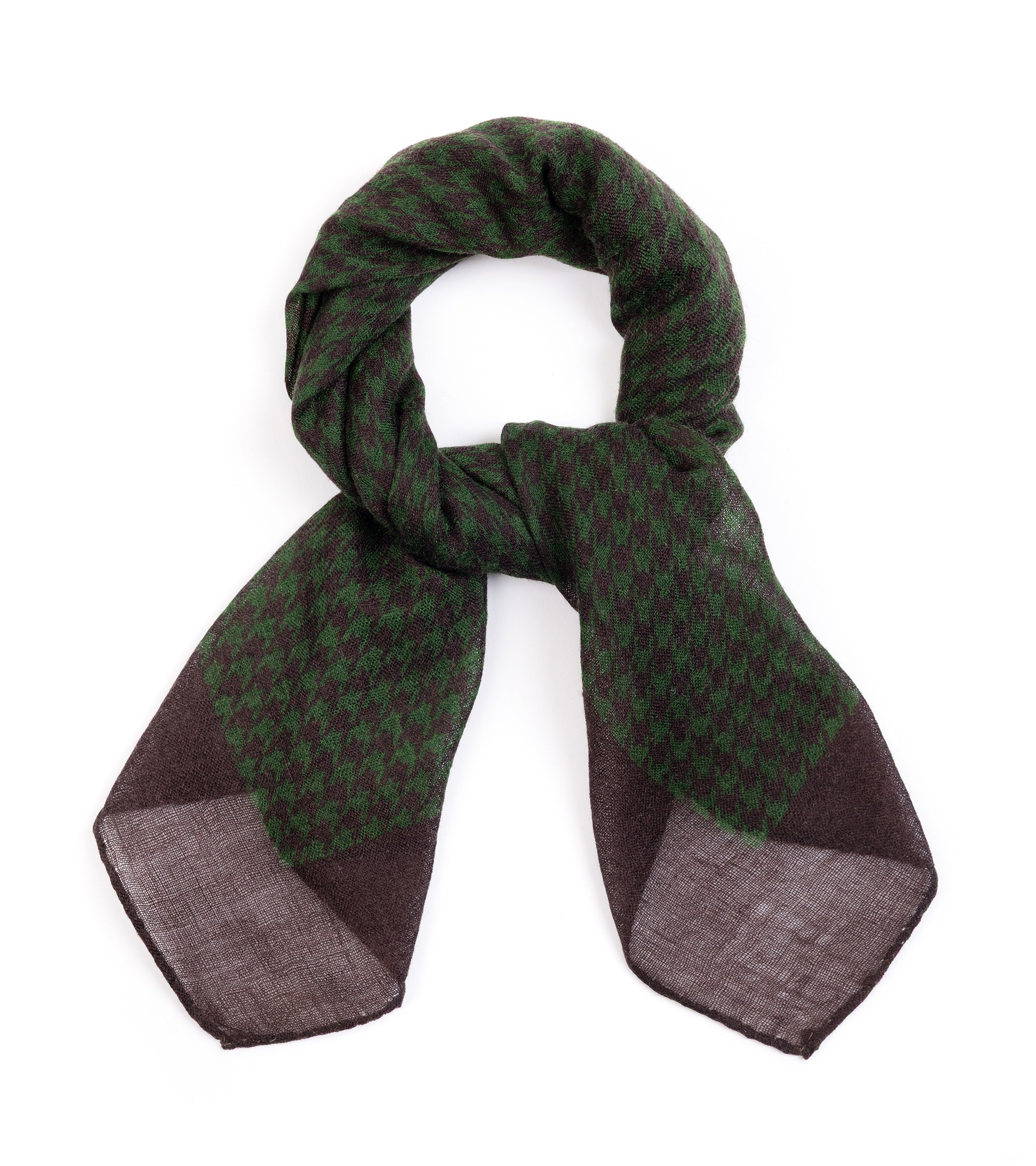 A dark green and brown houndstooth scarf with solid brown corners, styled in a loop on a plain white background.