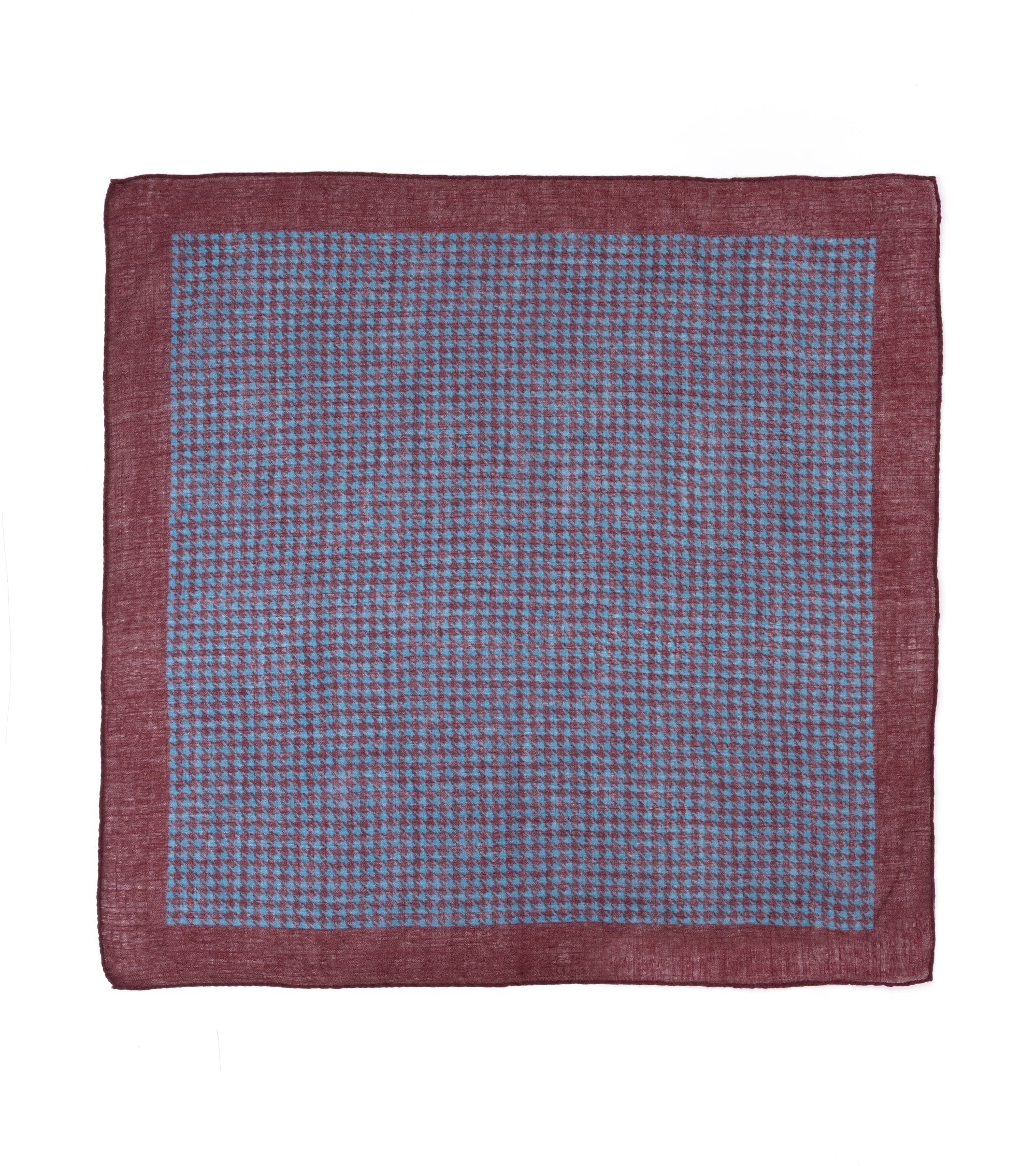 A square woven scarf or pocket square with a textured blue center and a contrasting burgundy border, shown flat against a plain white background.
