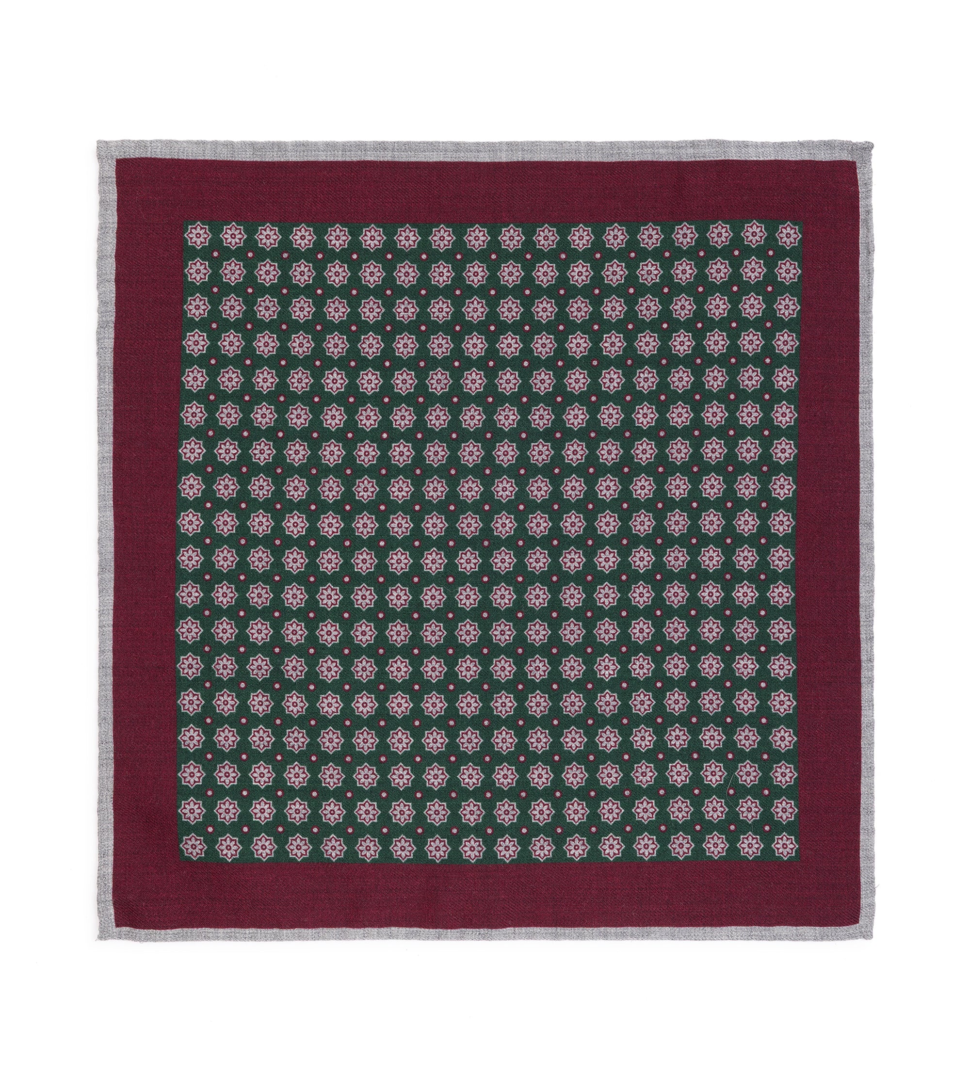 A pocket square with a dark green center patterned with small pink and white floral motifs, surrounded by a wide burgundy border and a thin gray edge.