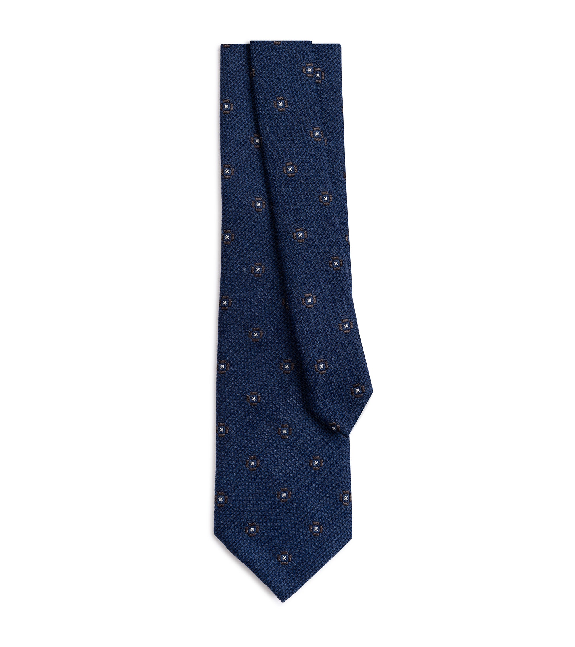 A navy blue textured necktie with a small medallion pattern, shown folded on a plain white background.