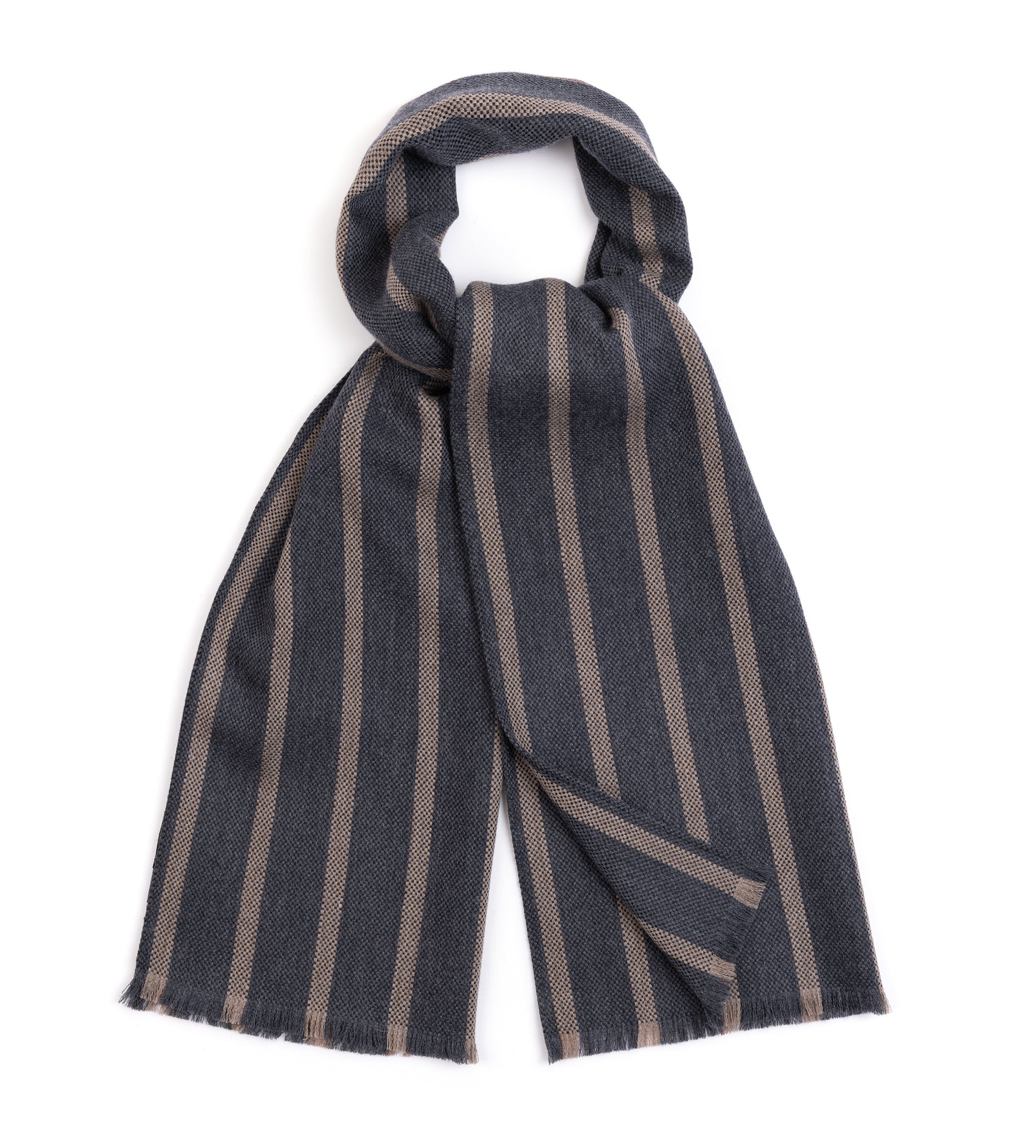A dark gray scarf with vertical beige stripes, styled in a loop at the top with frayed edges, shown on a plain white background.