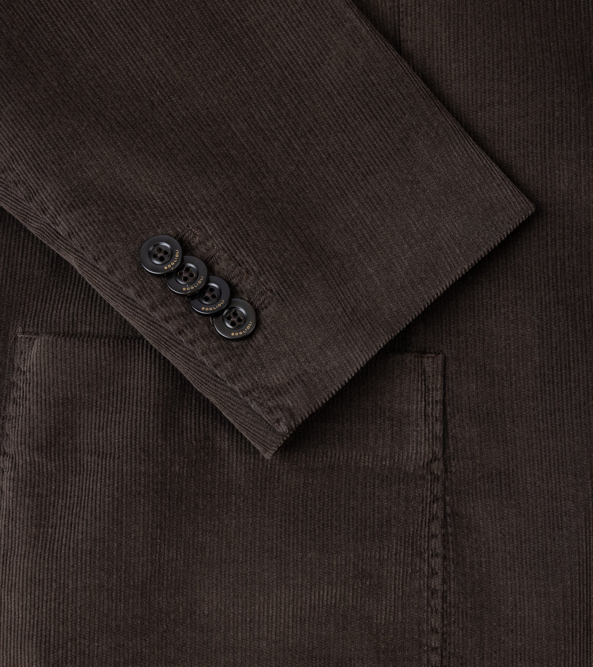 Close-up of a dark brown corduroy blazer sleeve showing the buttoned cuff and fabric texture.