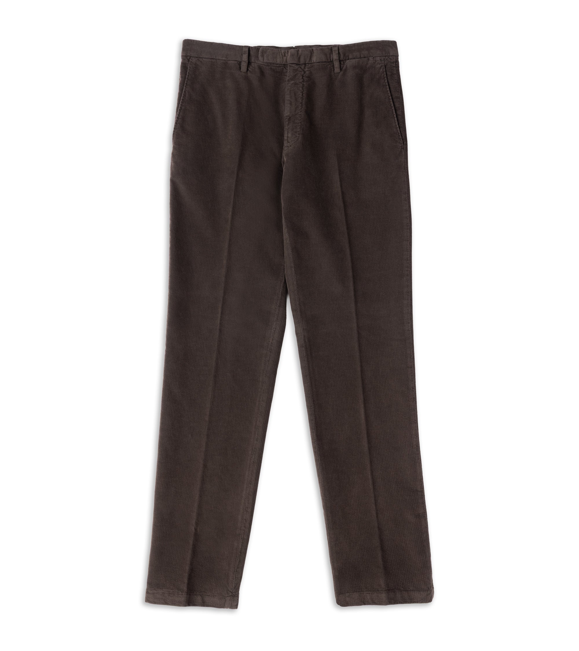 A pair of dark brown corduroy trousers laid flat against a solid white background.