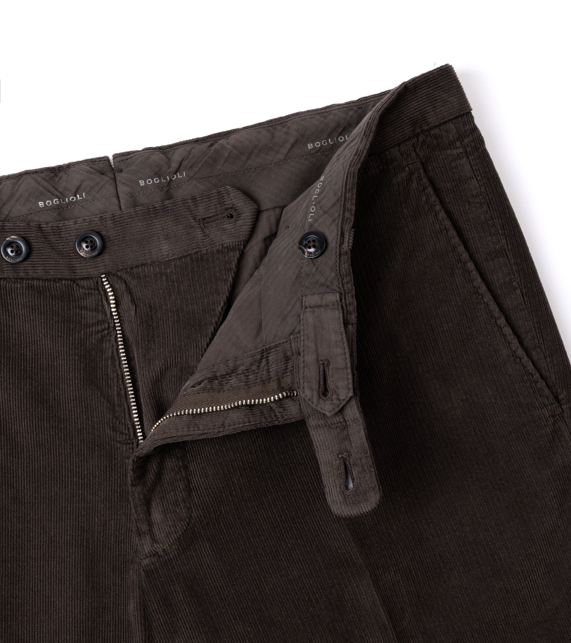 Close-up of dark brown corduroy trousers showing the waistband, button closure, zipper, and belt loop details against a white background.