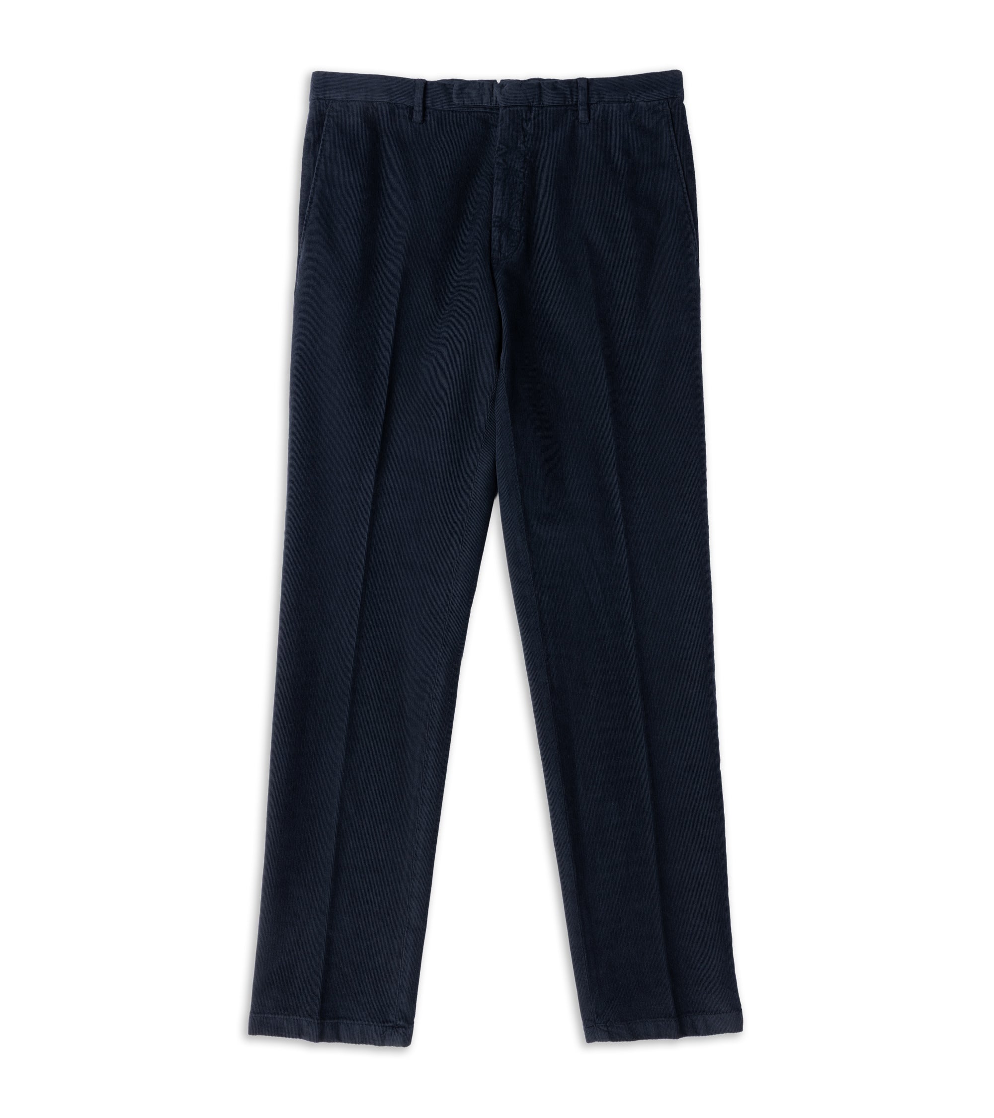 A pair of dark navy blue trousers shown flat against a plain white background.