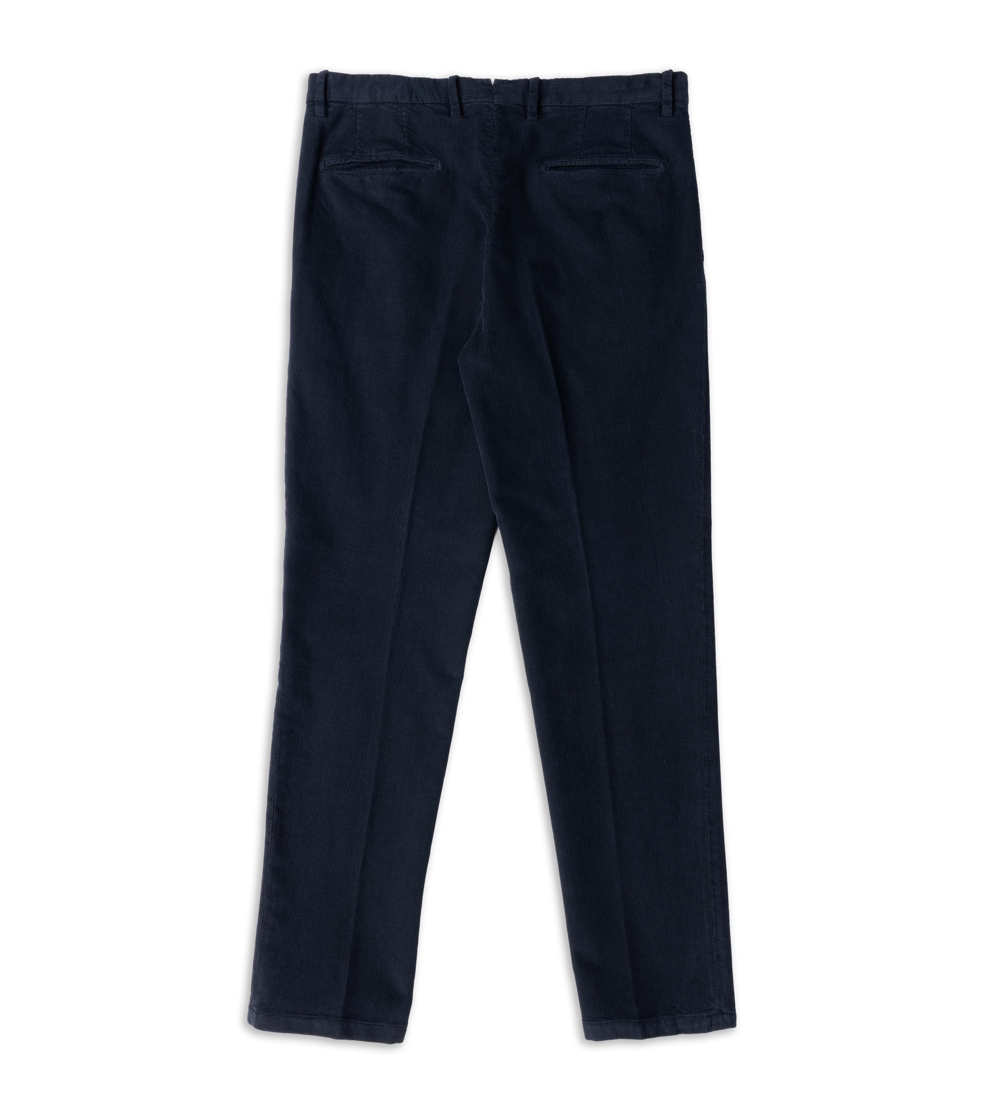 A pair of dark navy blue pants hown from the back, featuring belt loops, and two back pockets, laid flat on a white background.
