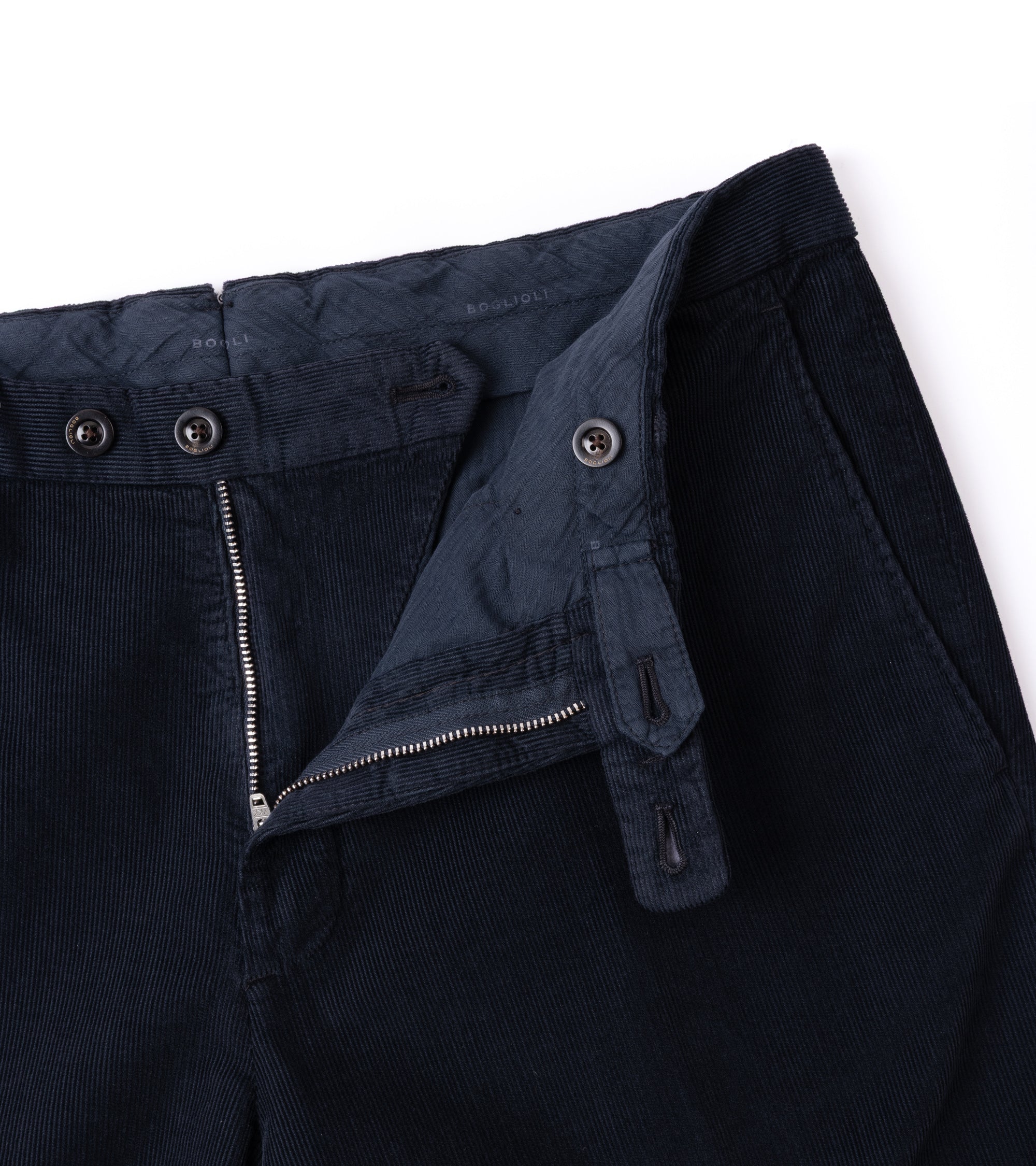 Close-up of dark navy corduroy pants showing the waistband, button closure, and a zippered flap pocket detail on a white background.