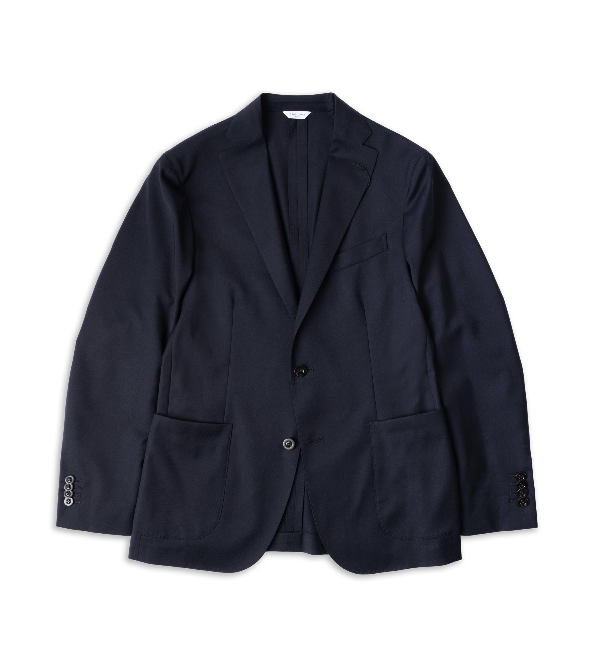A dark navy blue blazer jacket with notch lapels, a two-button front closure, and large front patch pockets, shown flat against a white background.