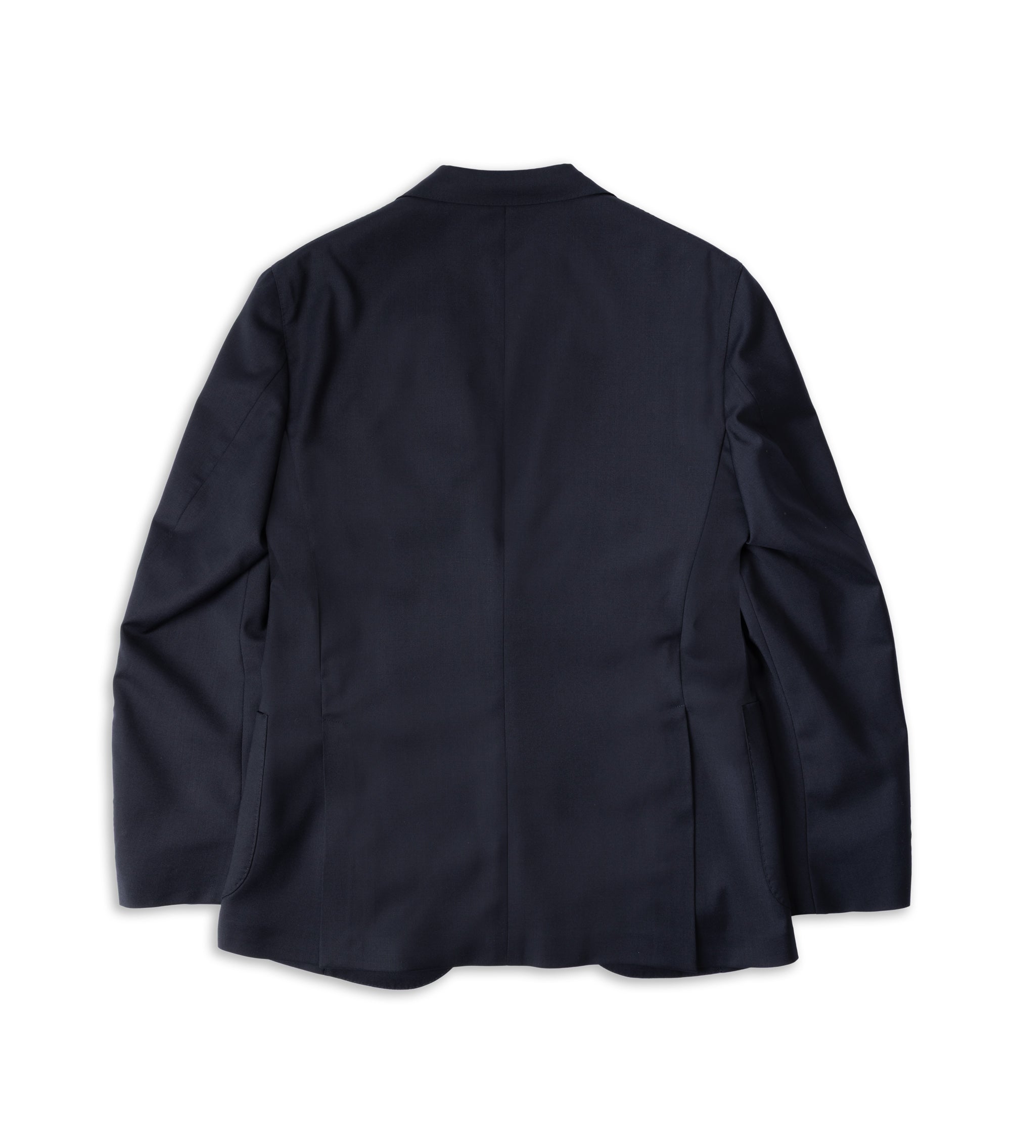 A dark navy blue blazer shown from the back, laid flat against a clean white background.