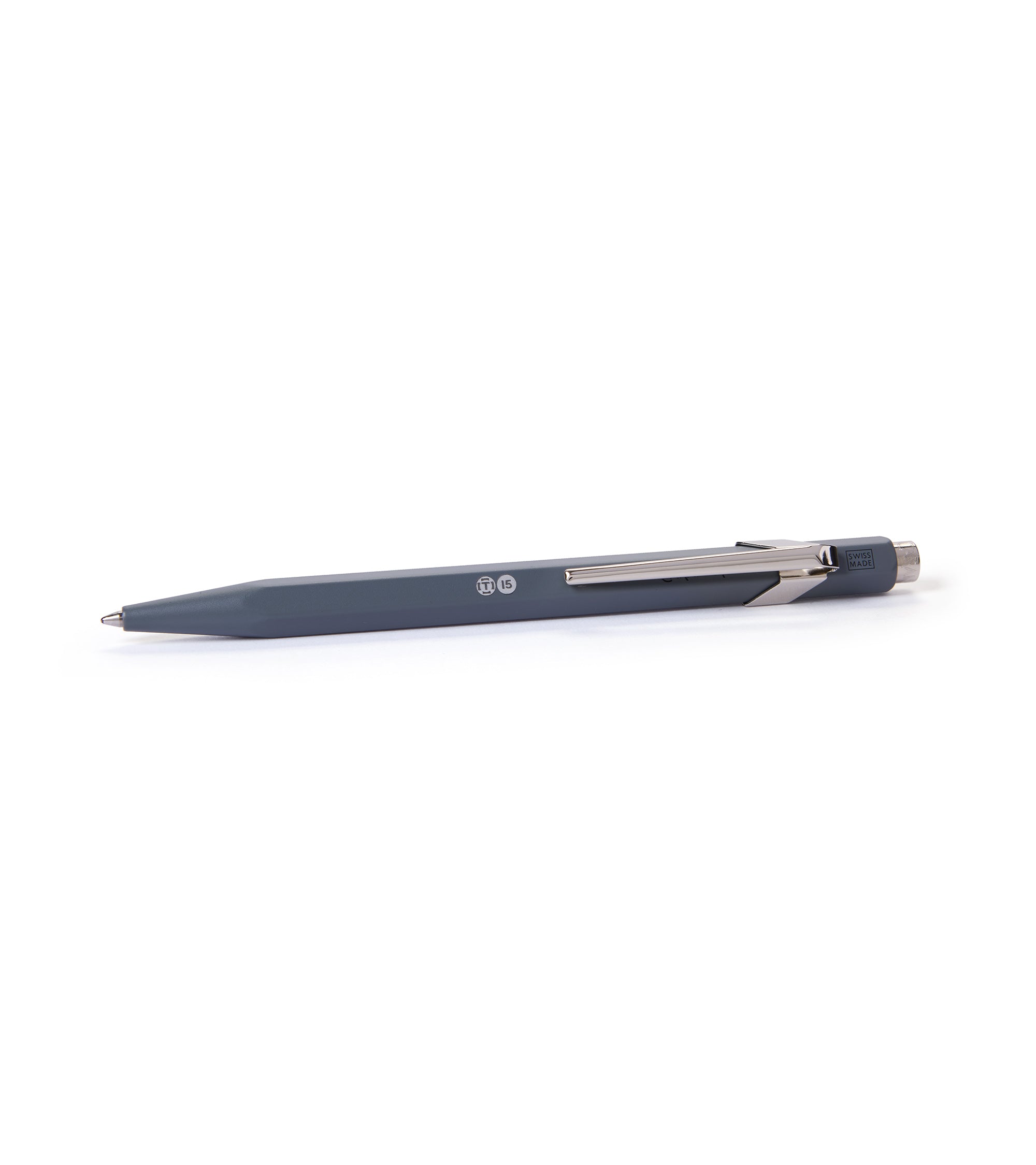 Blue pen with silver clip on a white background