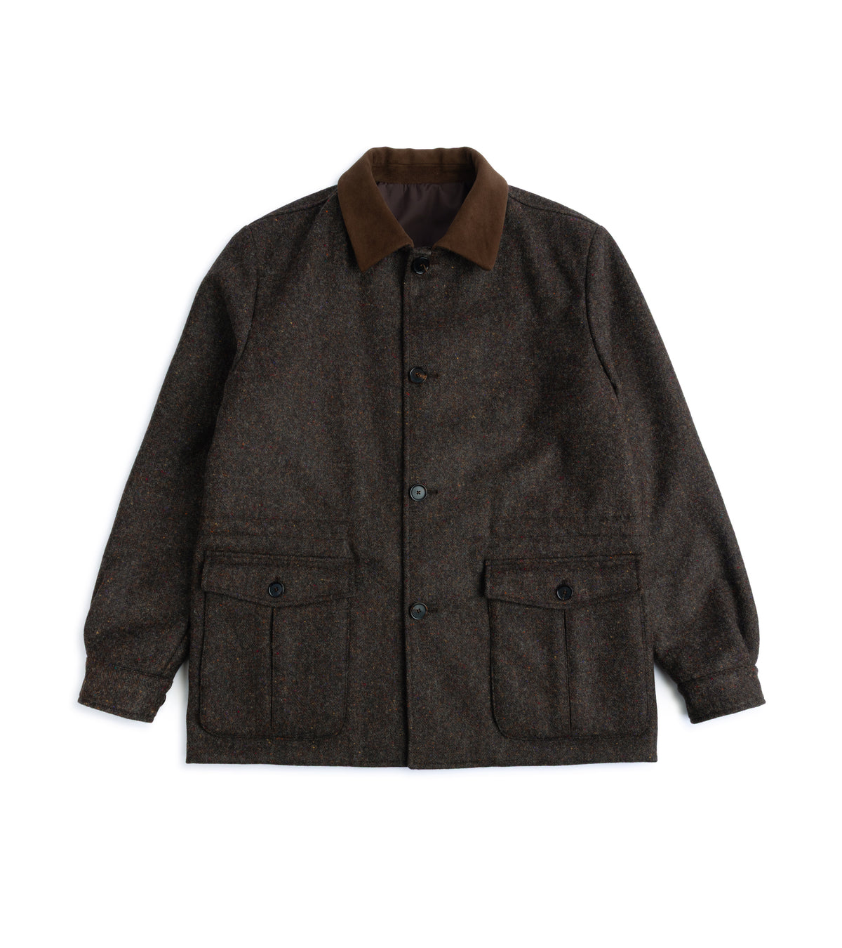 Caruso Shetland Wool Paddock Jacket in Dark Brown with a contrasting brown corduroy collar, featuring a button-up front and two front flap pockets.