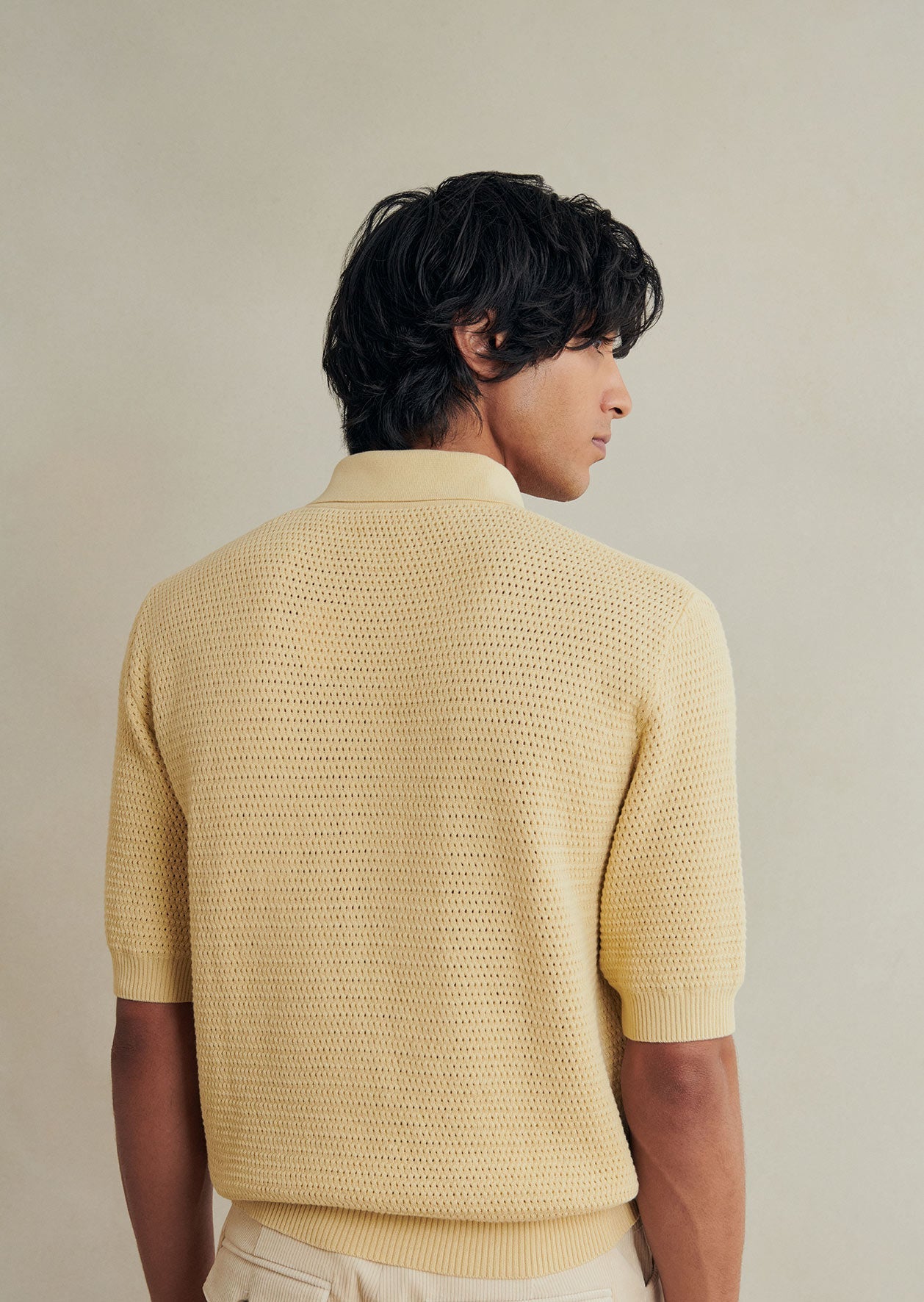 De Bonne Facture Cotton Honeycomb Knitted Polo Shirt: Butter Yellow