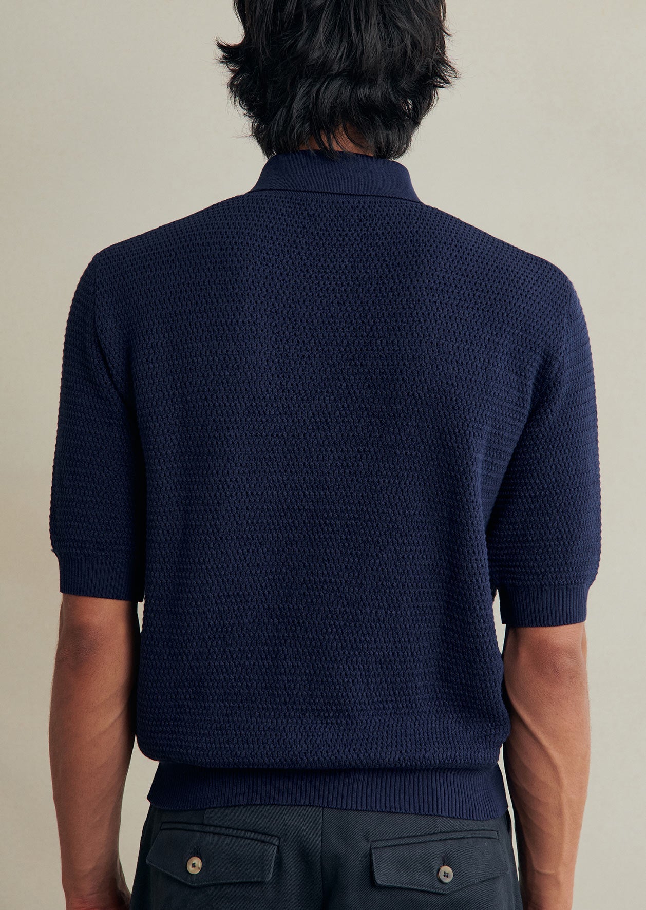 De Bonne Facture Cotton Honeycomb Knitted Polo Shirt: Navy