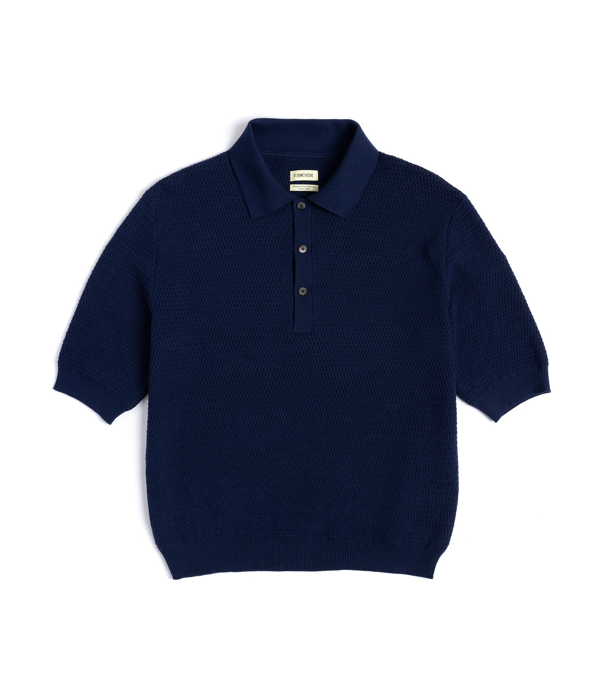 De Bonne Facture Cotton Honeycomb Knitted Polo Shirt: Navy