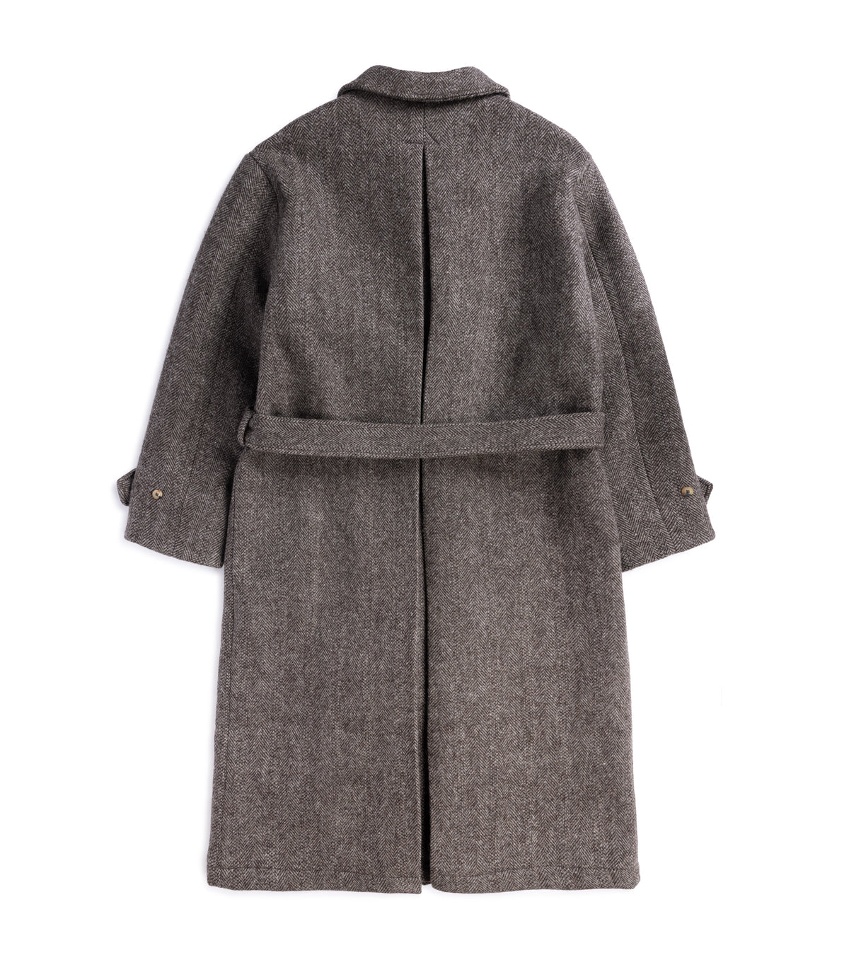 De Bonne Facture Herringbone Wool Overcoat in Undyed Brown shown from the back, featuring a self-tie belt and buttoned cuffs.