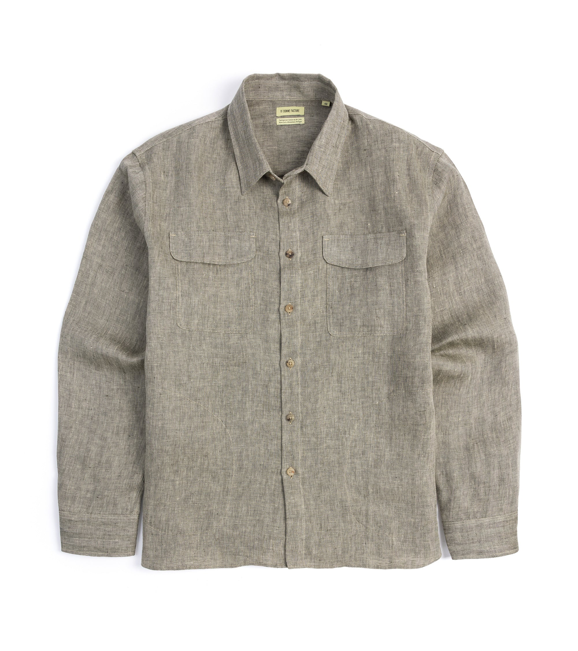 De Bonne Facture Linen Herringbone Two Pocket Overshirt: Khaki