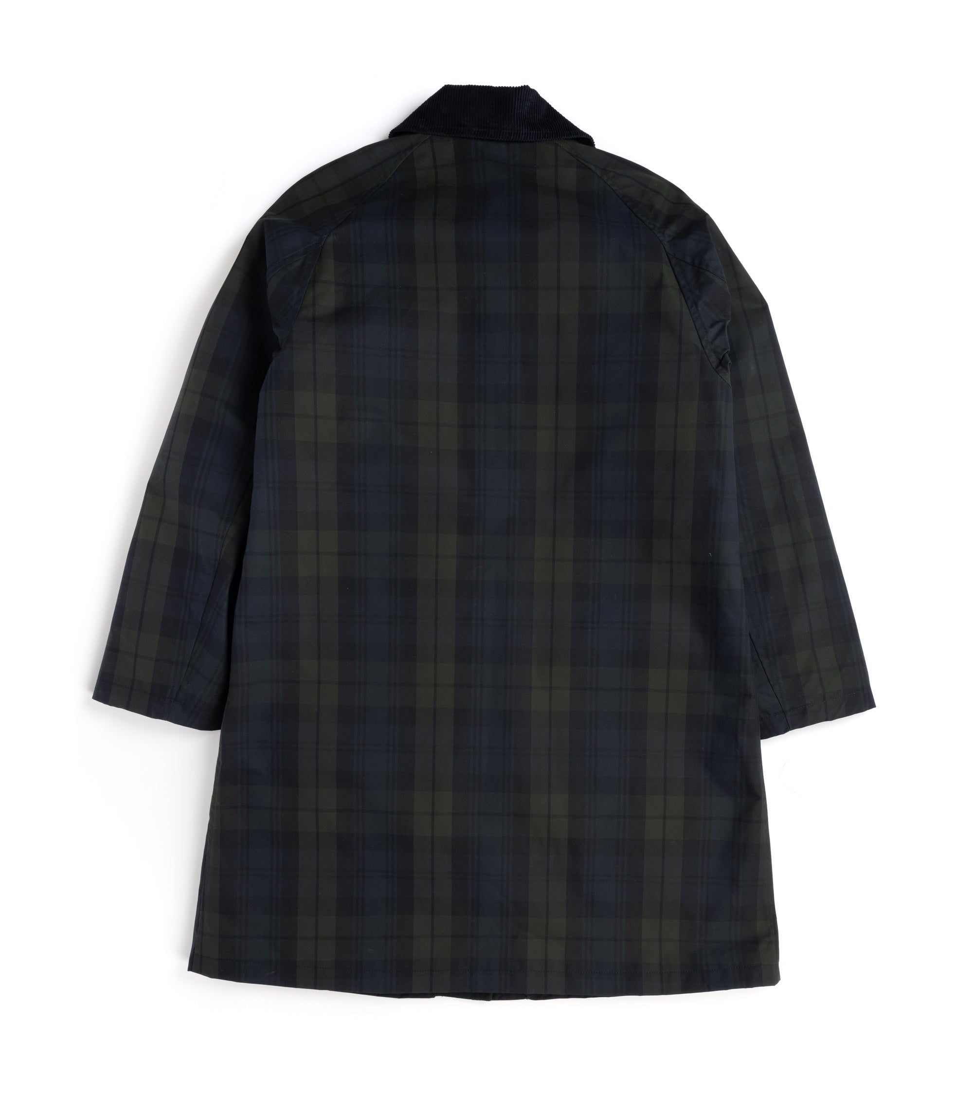 A dark navy and olive green jacket shown from the back, featuring a corduroy collar and raglan sleeves, laid flat against a white background.