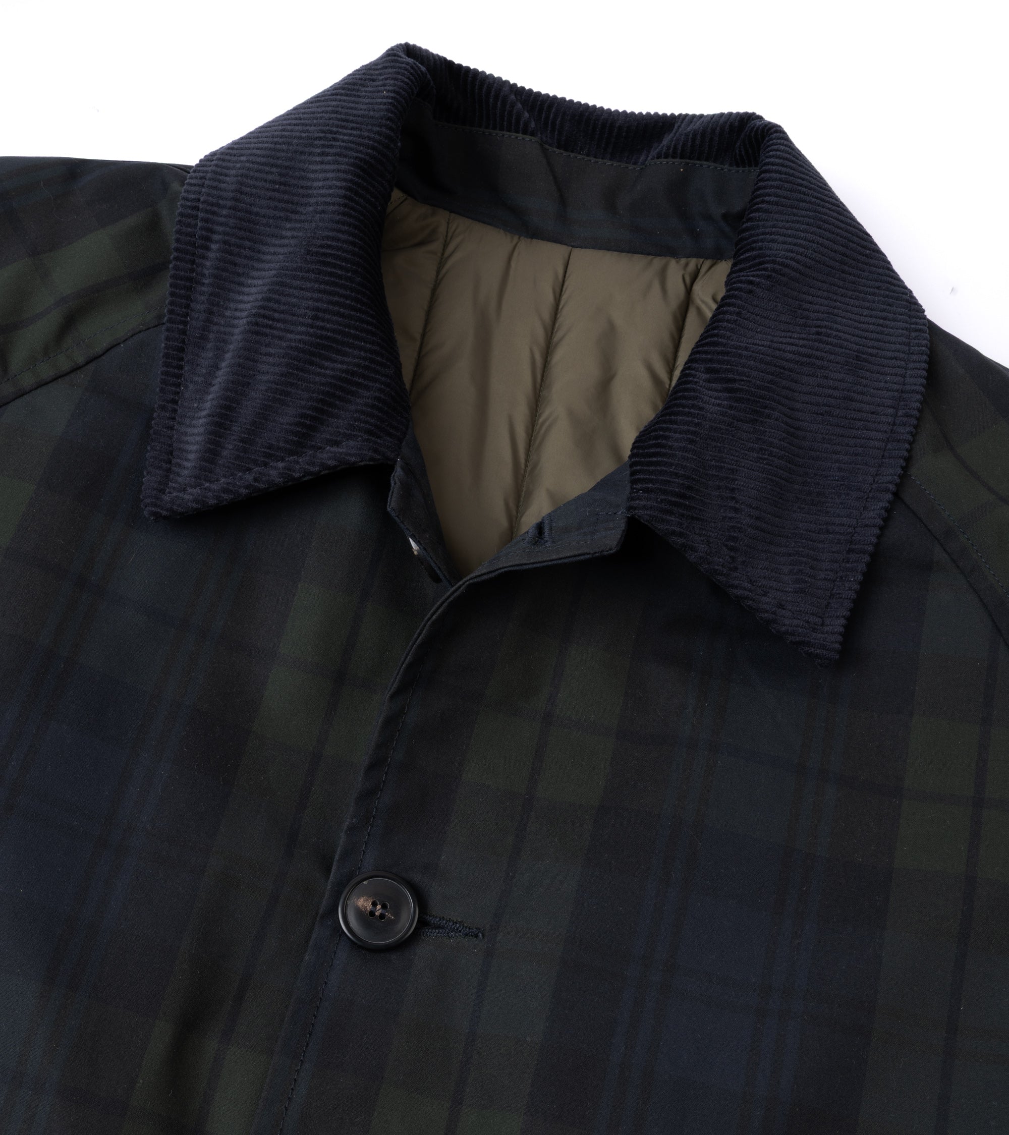 Close-up of a corduroy collar and front placket of a jacket, showing a dark button and khaki inner lining against a white background.