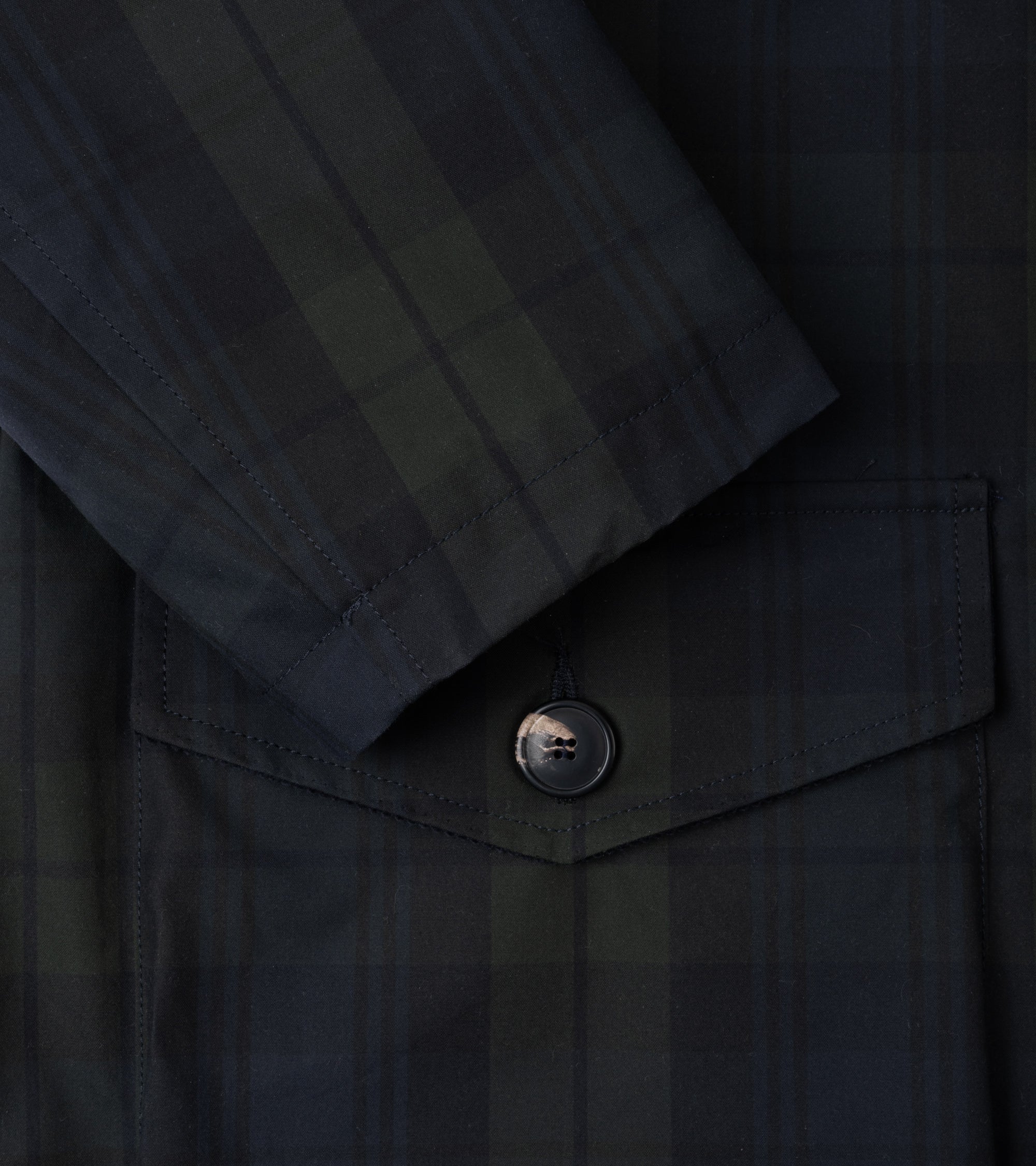 Close-up of a blackwatch waxed cotton jacket showing a pocket flap with button and sleeve cuff.