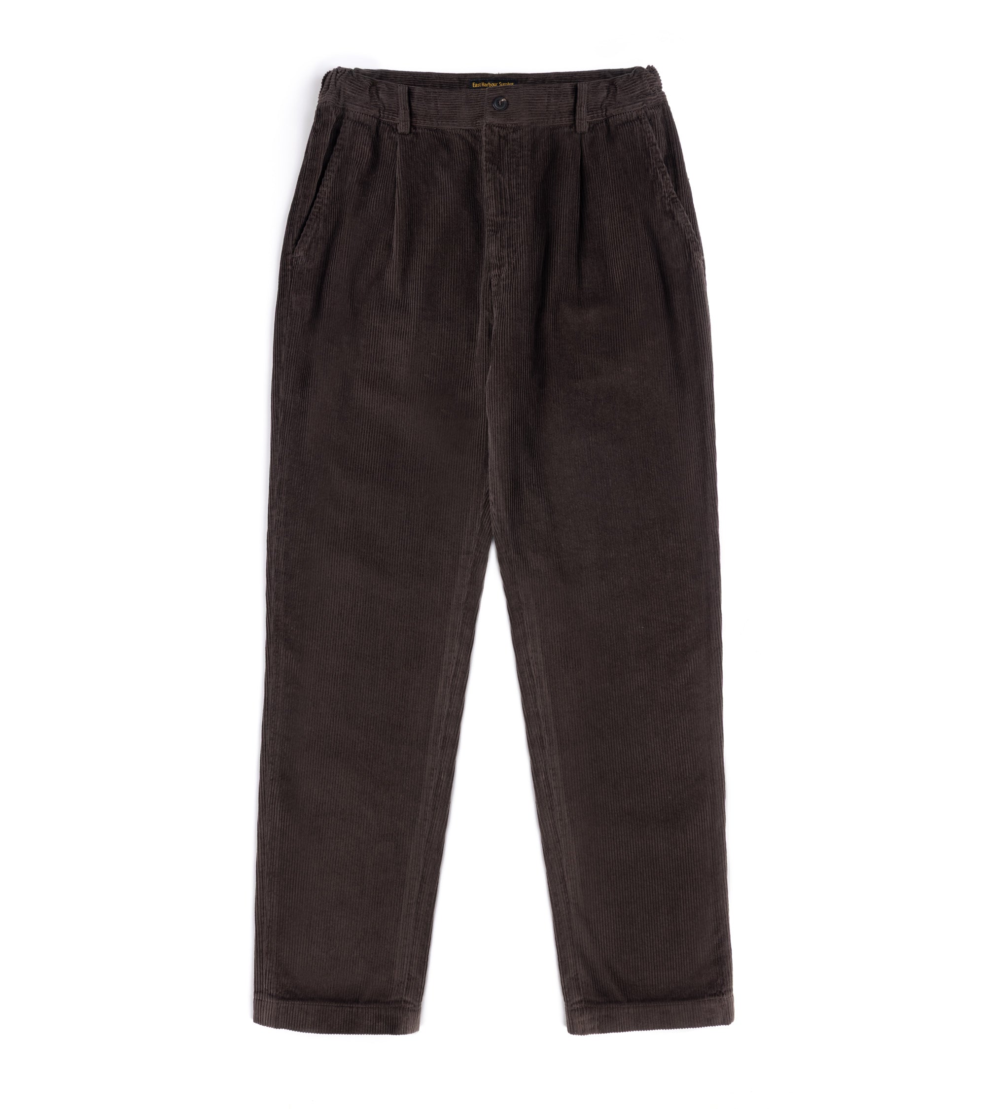 Dark brown corduroy trousers with a pleated front and side pockets.