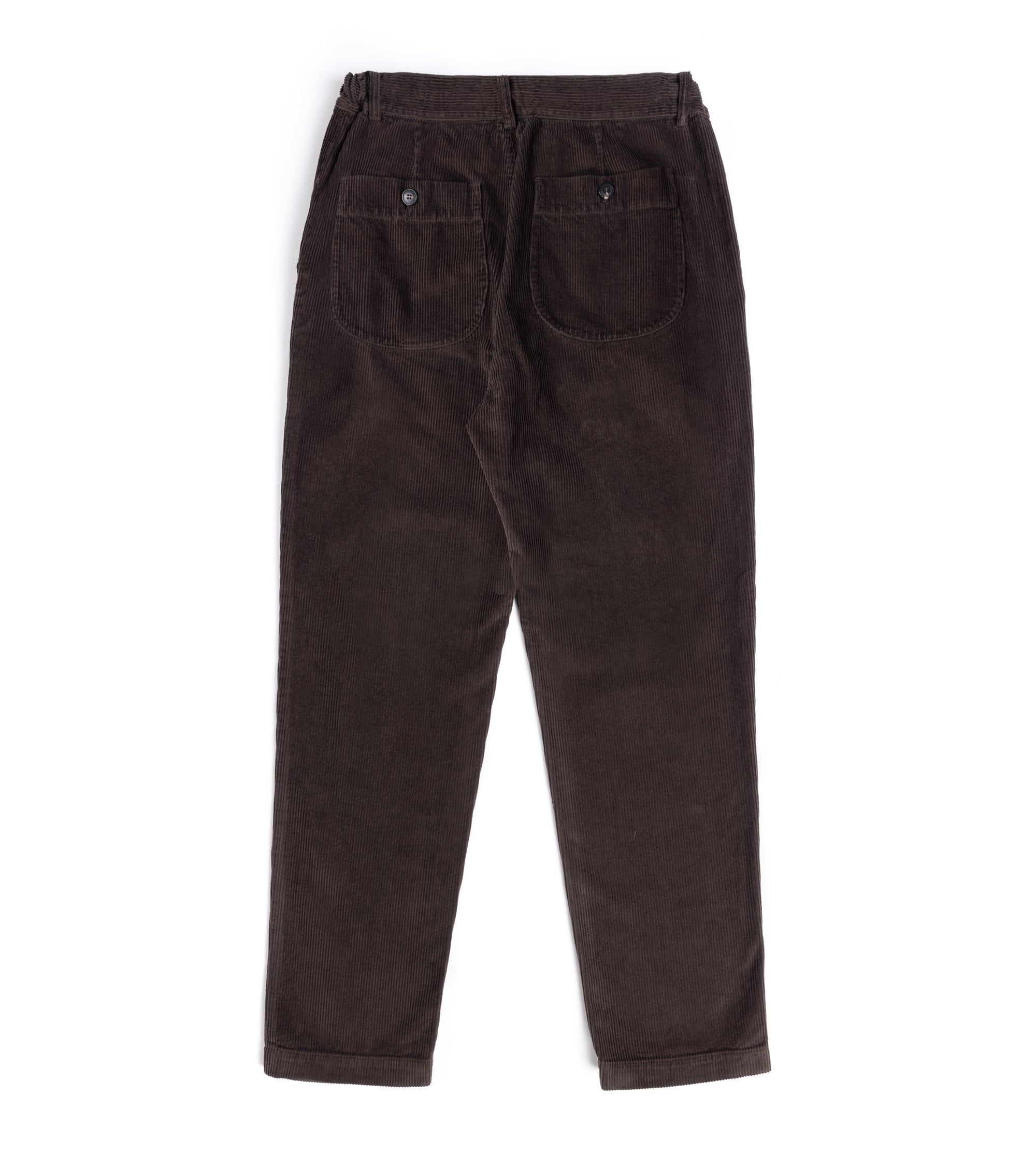 A pair of brown corduroy trousers shown from the back, featuring two buttoned patch pockets and a relaxed straight-leg fit.