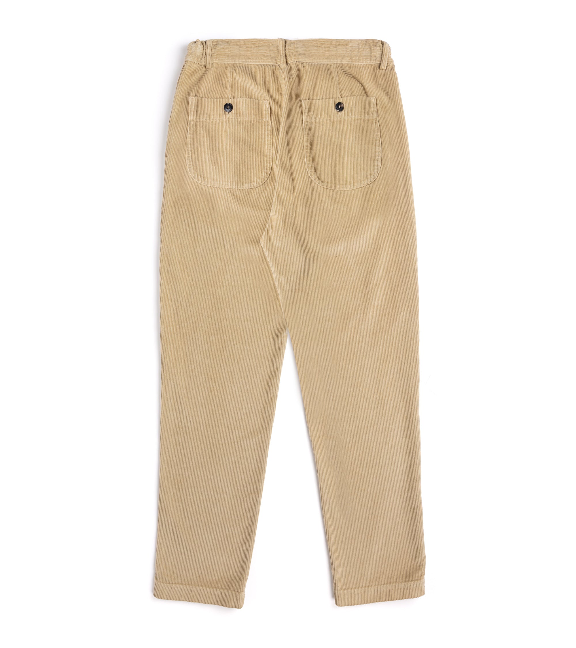 A pair of beige corduroy trousers shown from the back, featuring two buttoned patch pockets and a relaxed straight-leg fit.