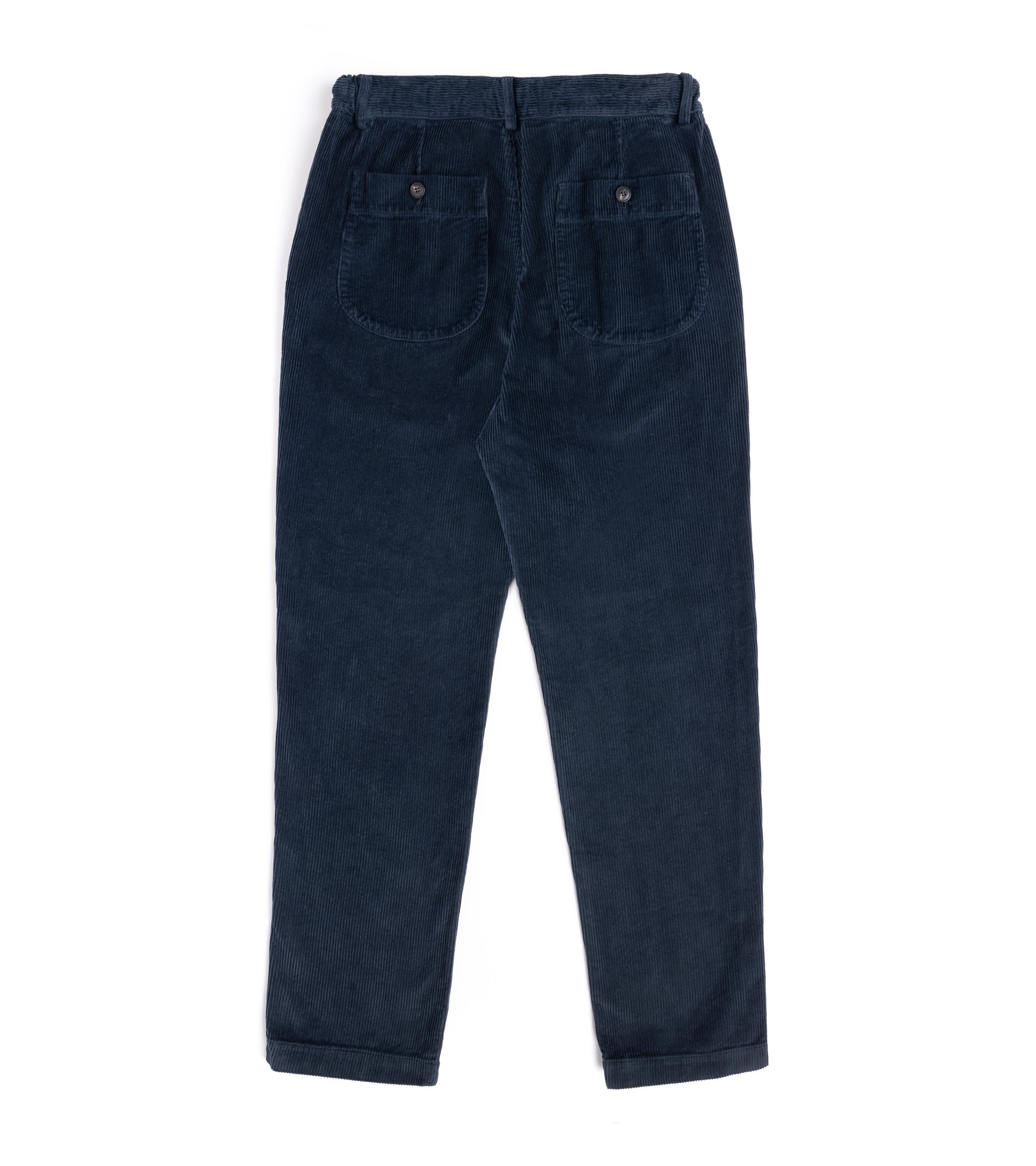 Dark navy blue corduroy pants shown from the back, featuring two buttoned patch pockets and a relaxed straight-leg fit.