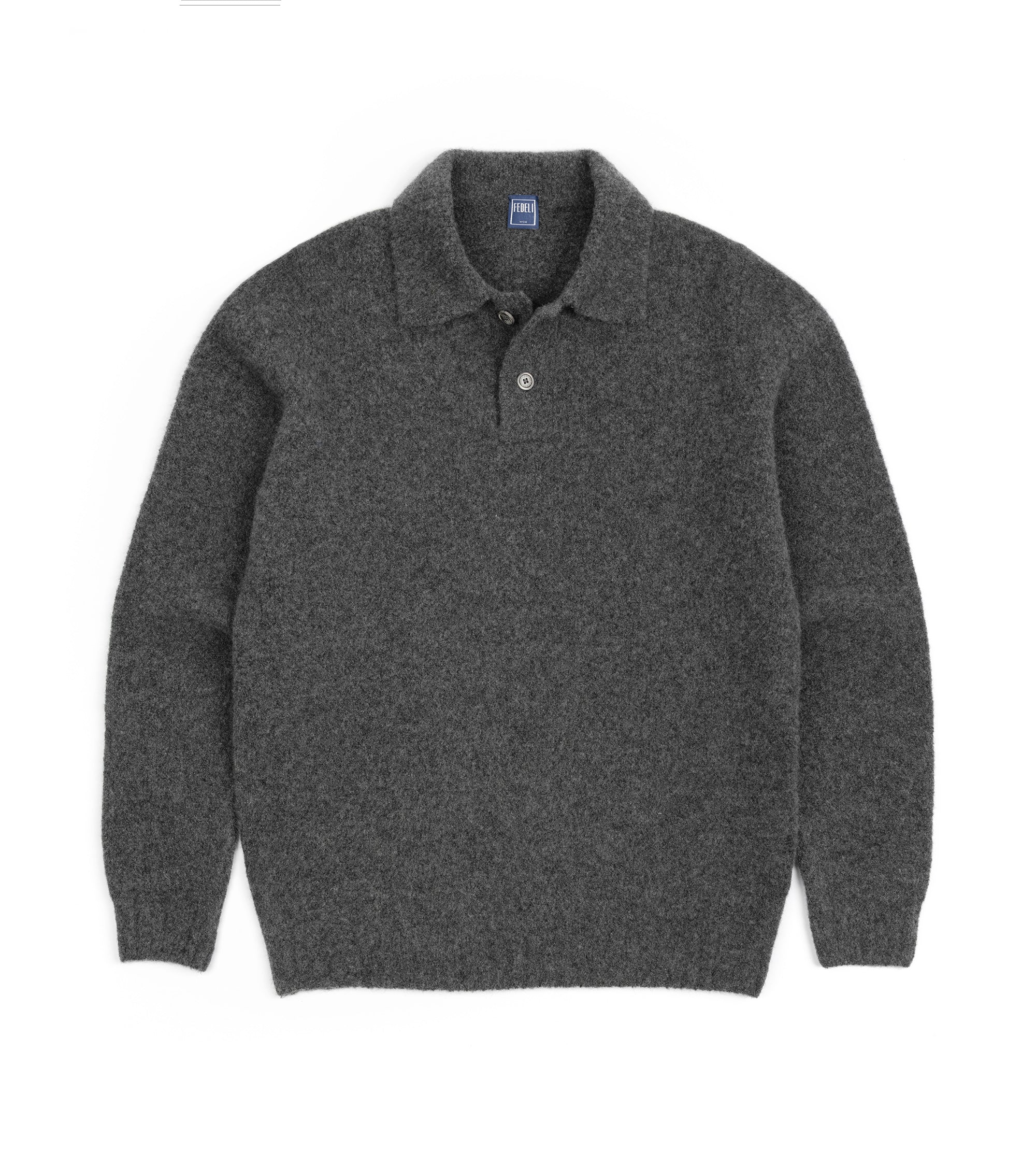 Fedeli Basket Wool Cashmere Mix Long Sleeve Knit Polo Shirt: Stone Melange