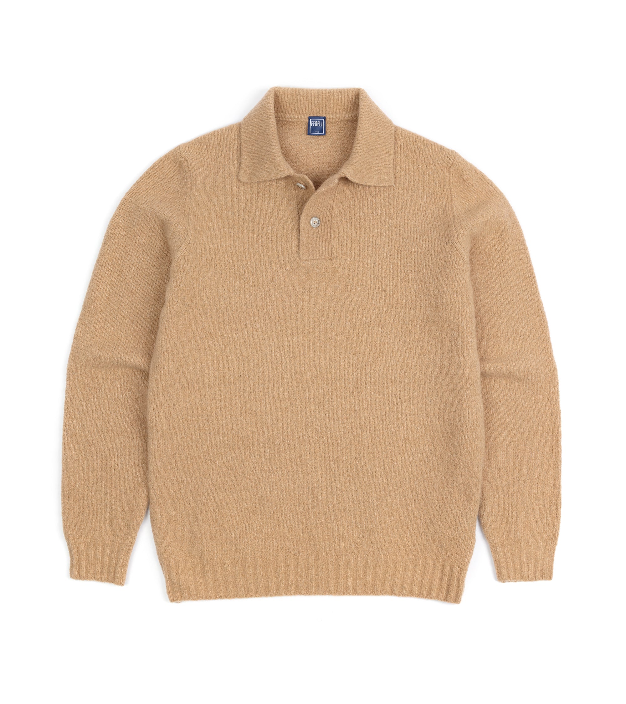 Fedeli Basket Wool Cashmere Mix Long Sleeve Knit Polo Shirt: Tan