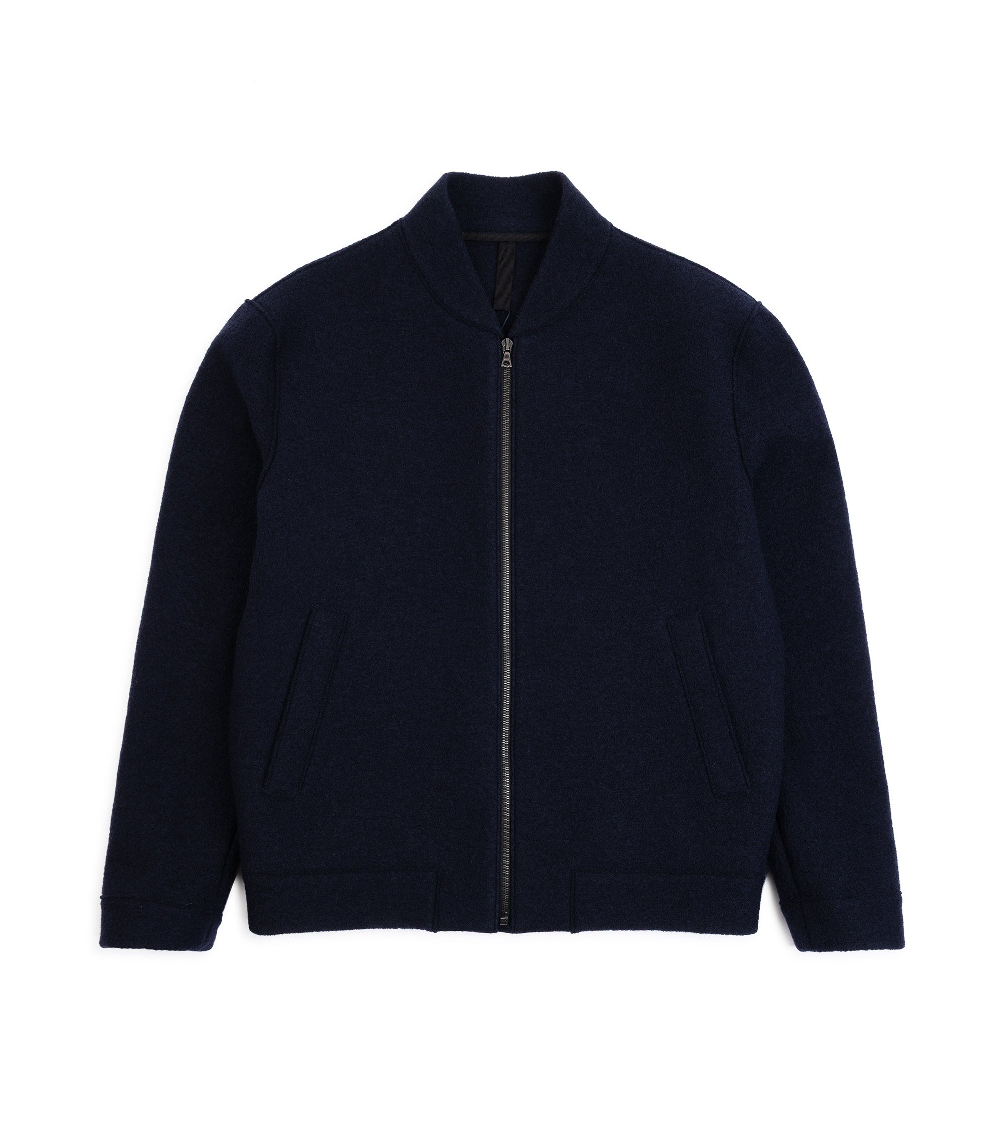 A dark navy zip-up jacket with a stand-up collar, long sleeves, and two front hand pockets, shown flat against a white background.