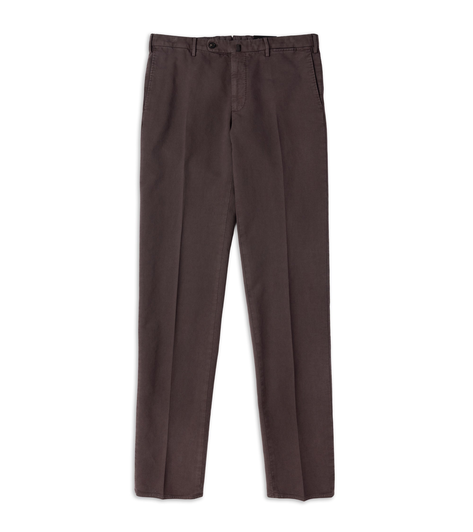 A pair of brown regular-fit trousers shown flat against a plain white background.