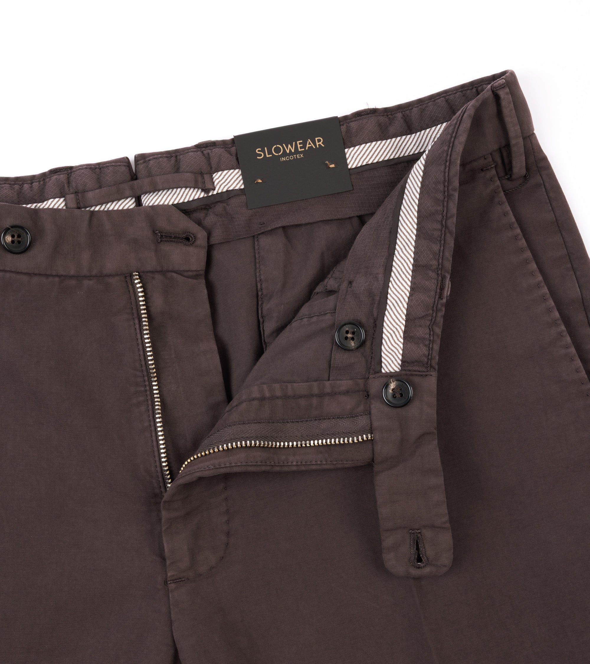 Close-up of brown pants showing the waistband, zipper and button details.