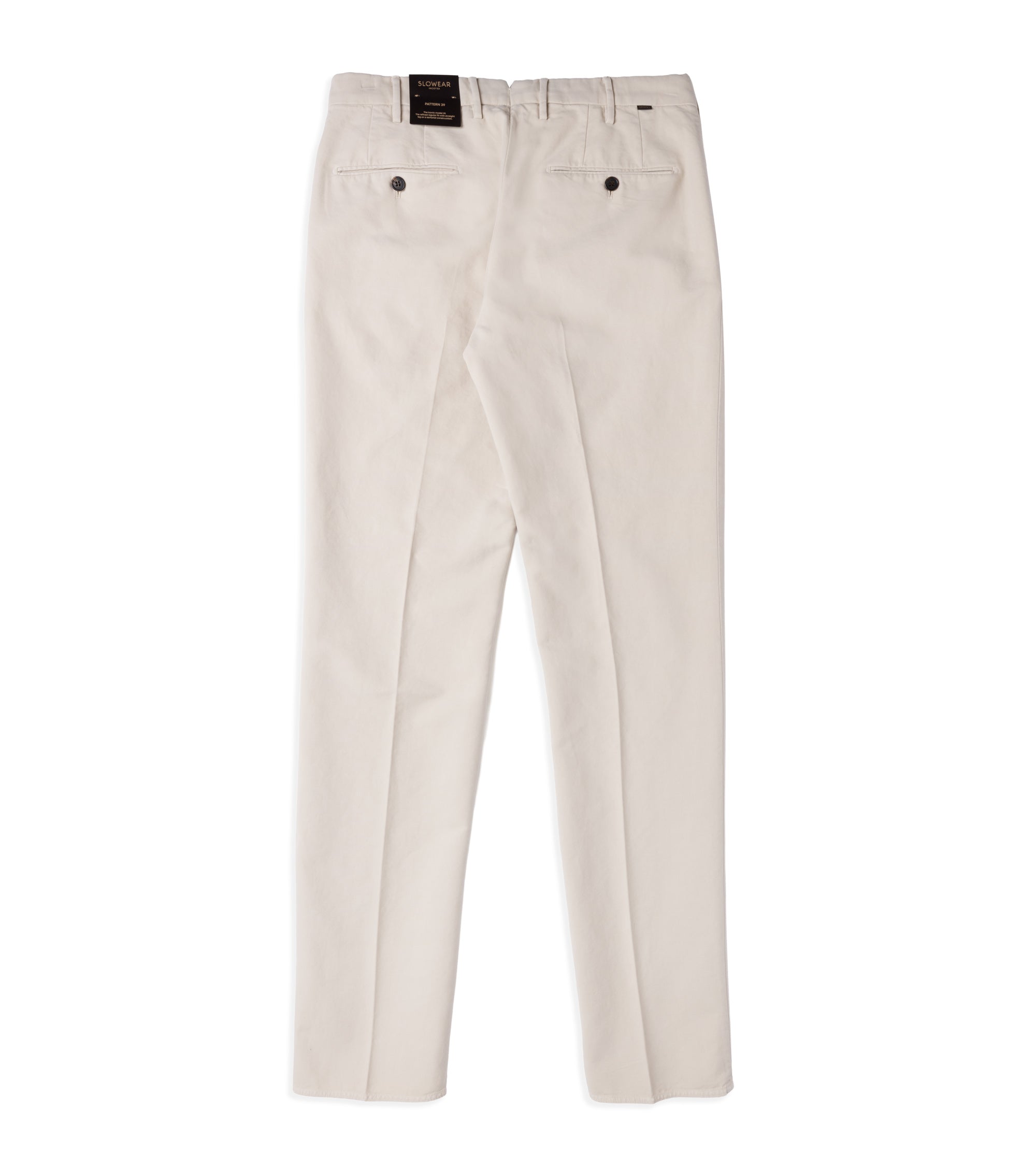 A pair of cream chino pants shown from the back, featuring two buttoned welt pockets and belt loops, laid flat against a white background.